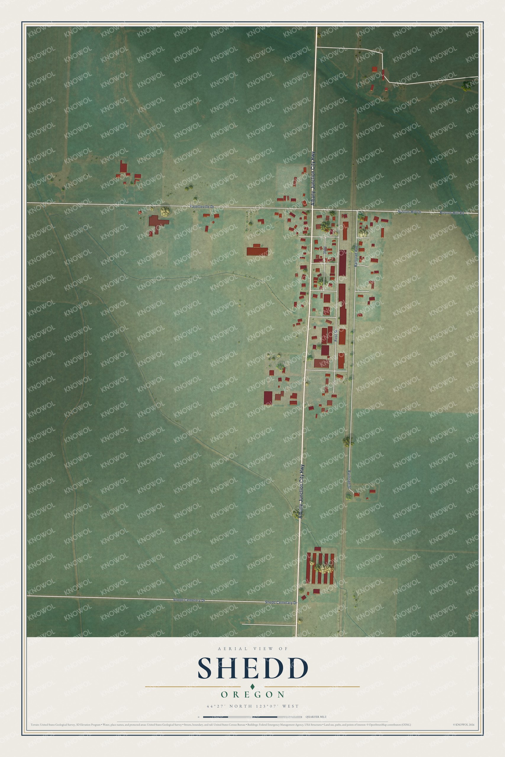 Full map of Shedd, Oregon, with red buildings, printed street names and the land around them