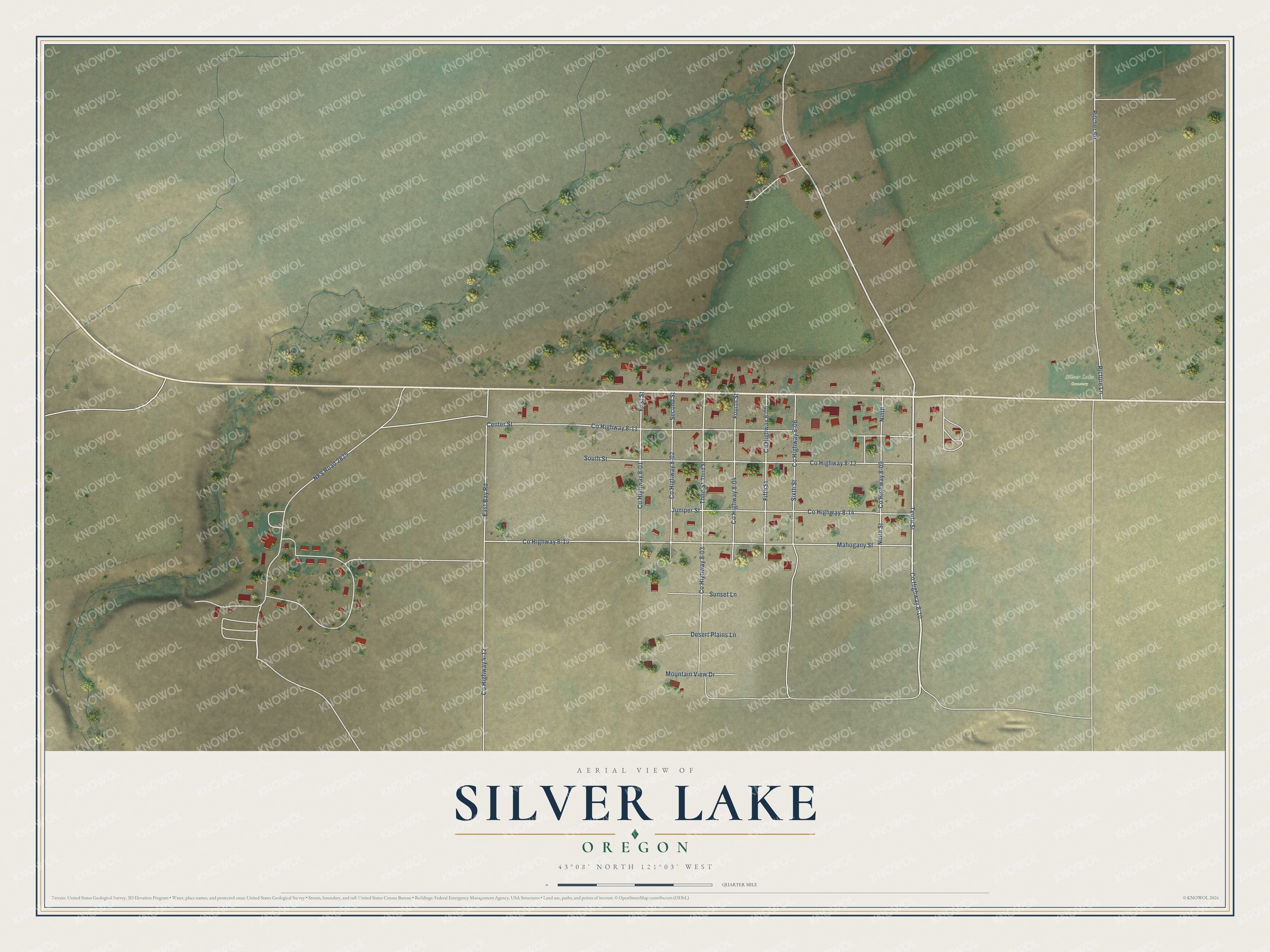 Full map of Silver Lake, Oregon, with red buildings, printed street names and the land around them