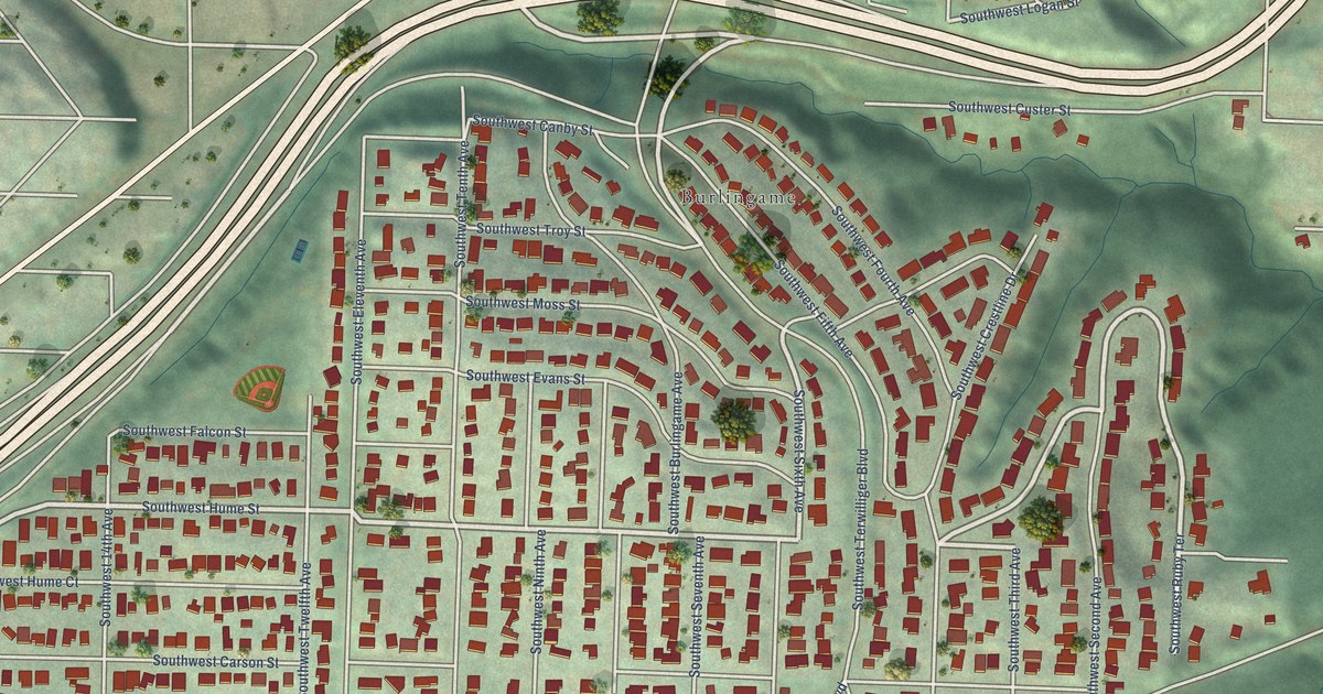 Close-up of streets and buildings in South Burlingame, Oregon