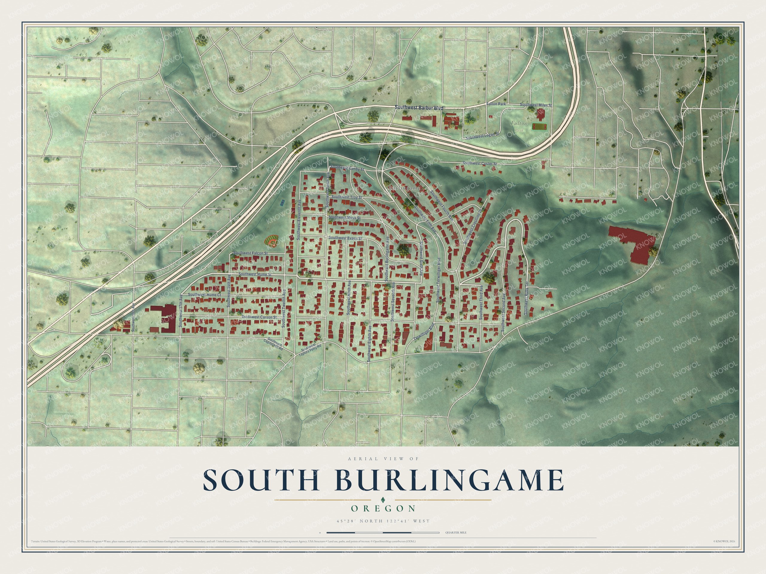 Full map of South Burlingame, Oregon, with red buildings, printed street names and the land around them