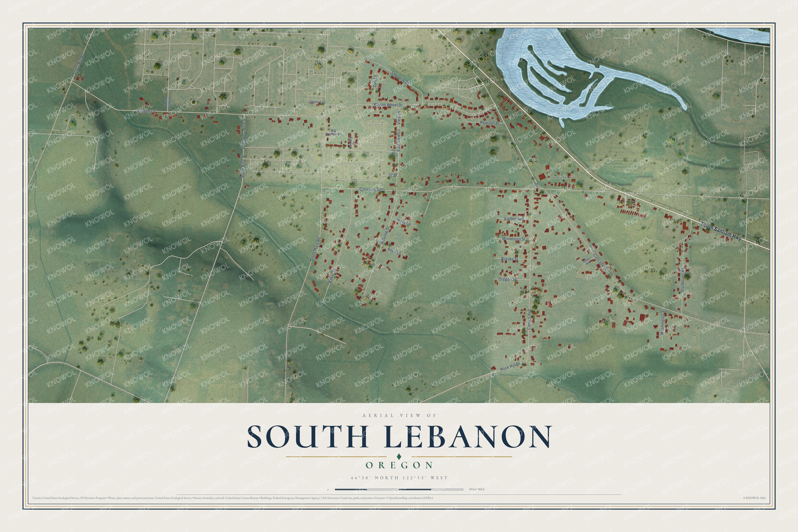 Full map of South Lebanon, Oregon, with red buildings, printed street names and the land around them