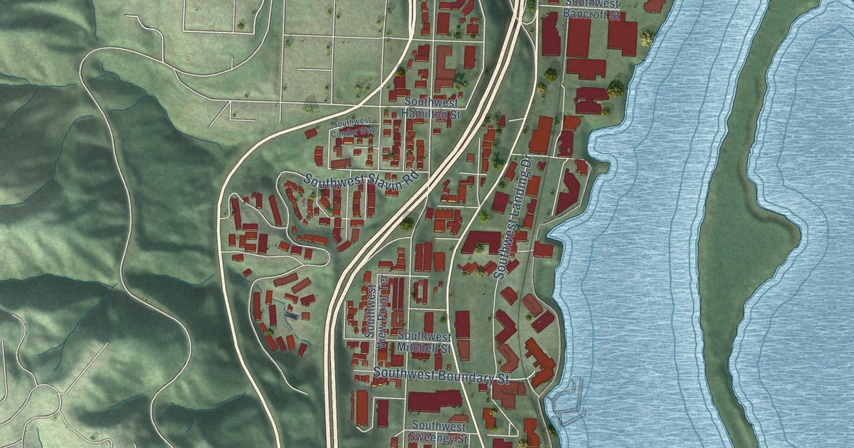 Close-up of streets and buildings in South Portland, Oregon