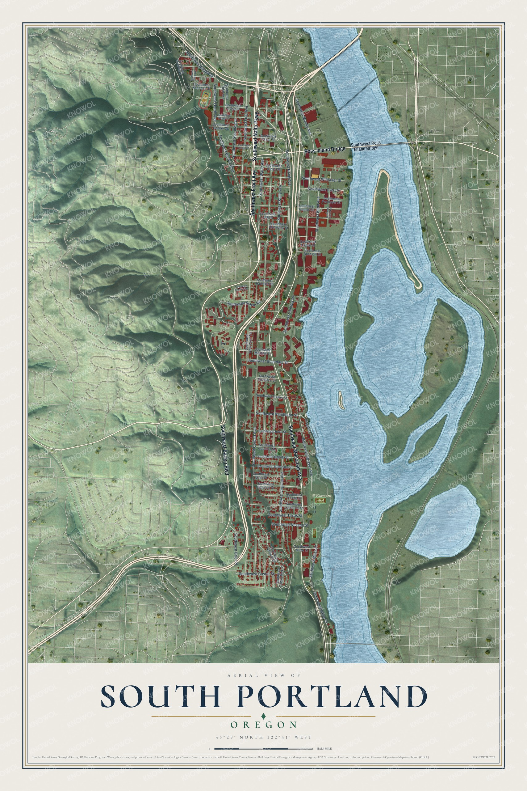Full map of South Portland, Oregon, with red buildings, printed street names and the land around them