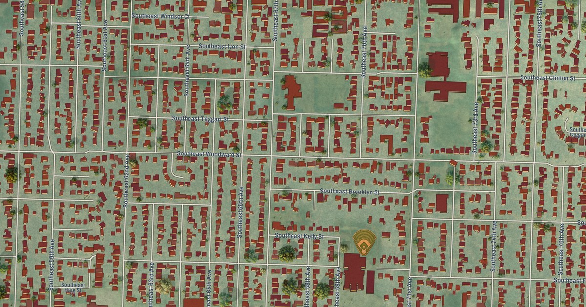 Close-up of streets and buildings in South Tabor, Oregon