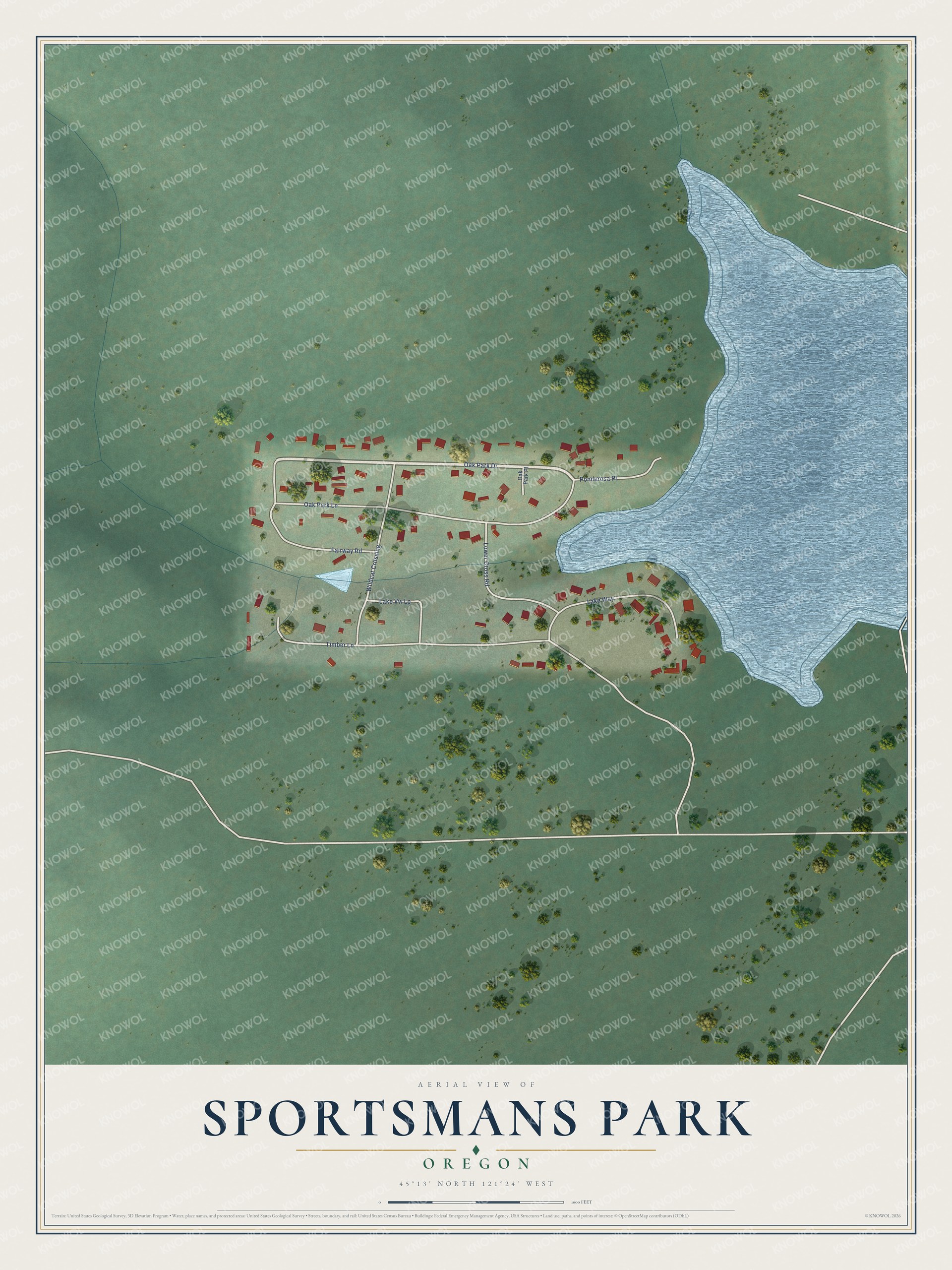Full map of Sportsmans Park, Oregon, with red buildings, printed street names and the land around them