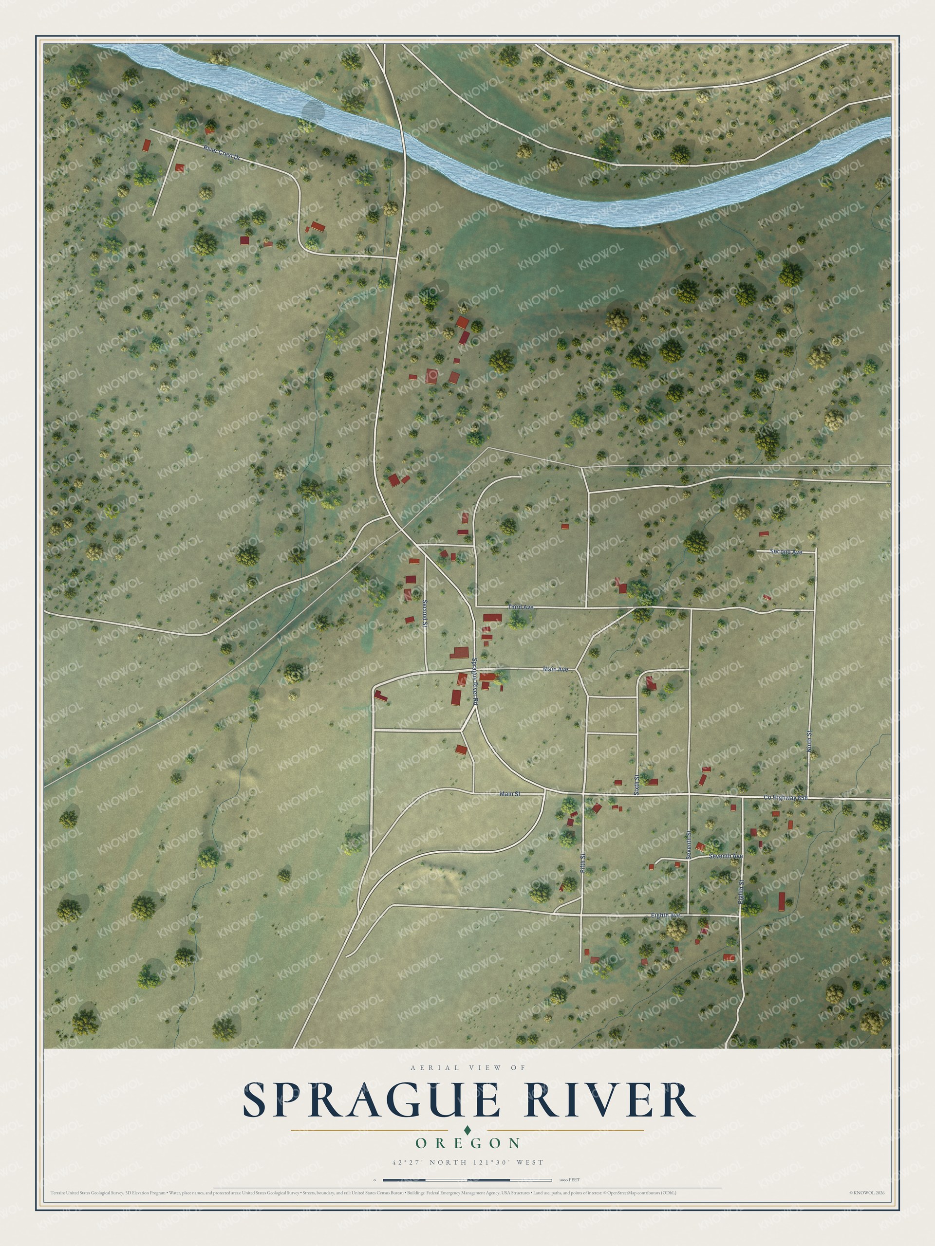 Full map of Sprague River, Oregon, with red buildings, printed street names and the land around them