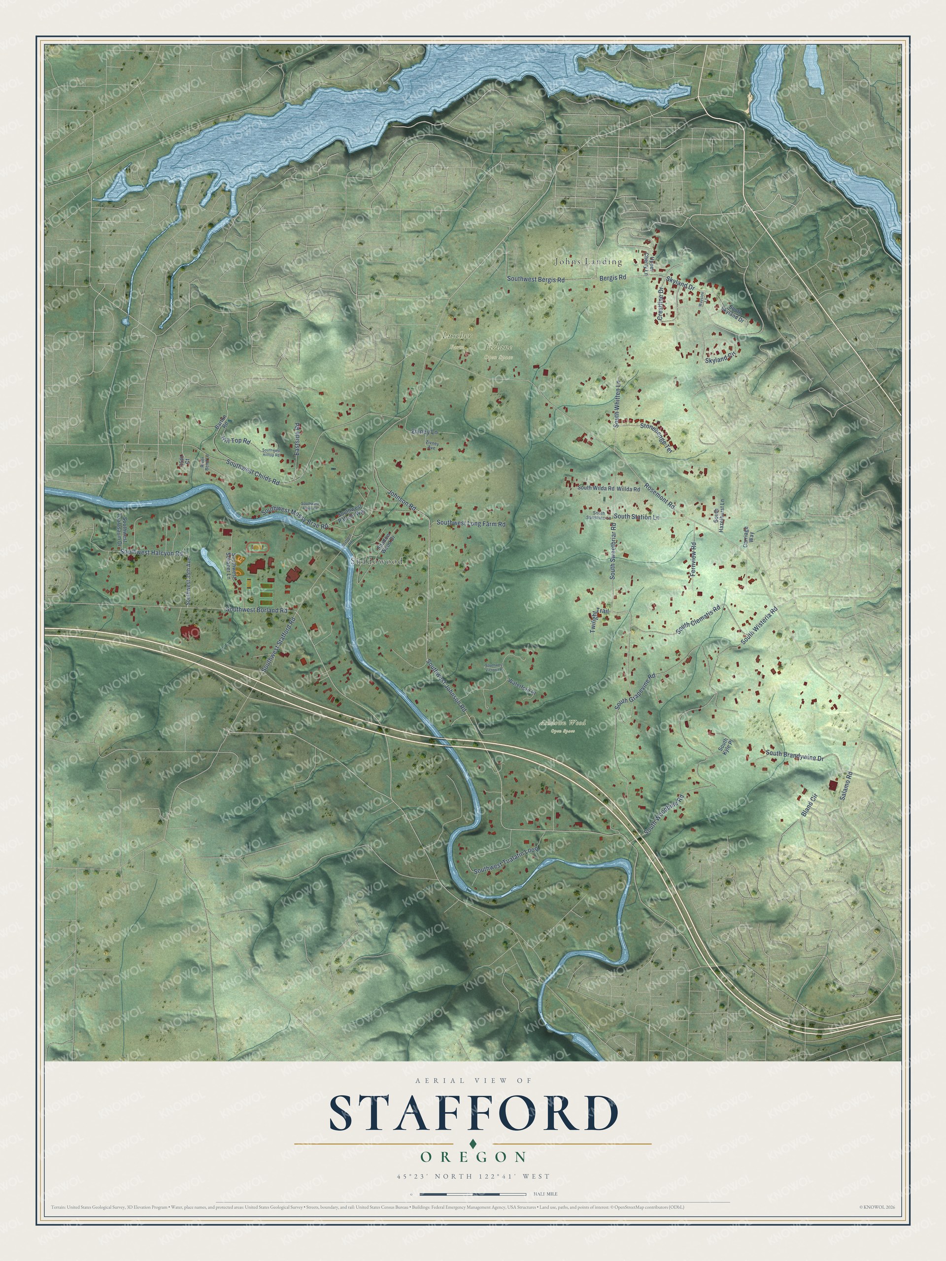 Full map of Stafford, Oregon, with red buildings, printed street names and the land around them