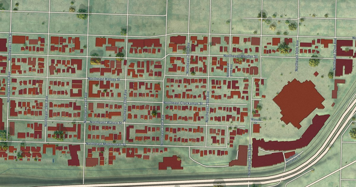 Close-up of streets and buildings in Sullivan’s Gulch, Oregon