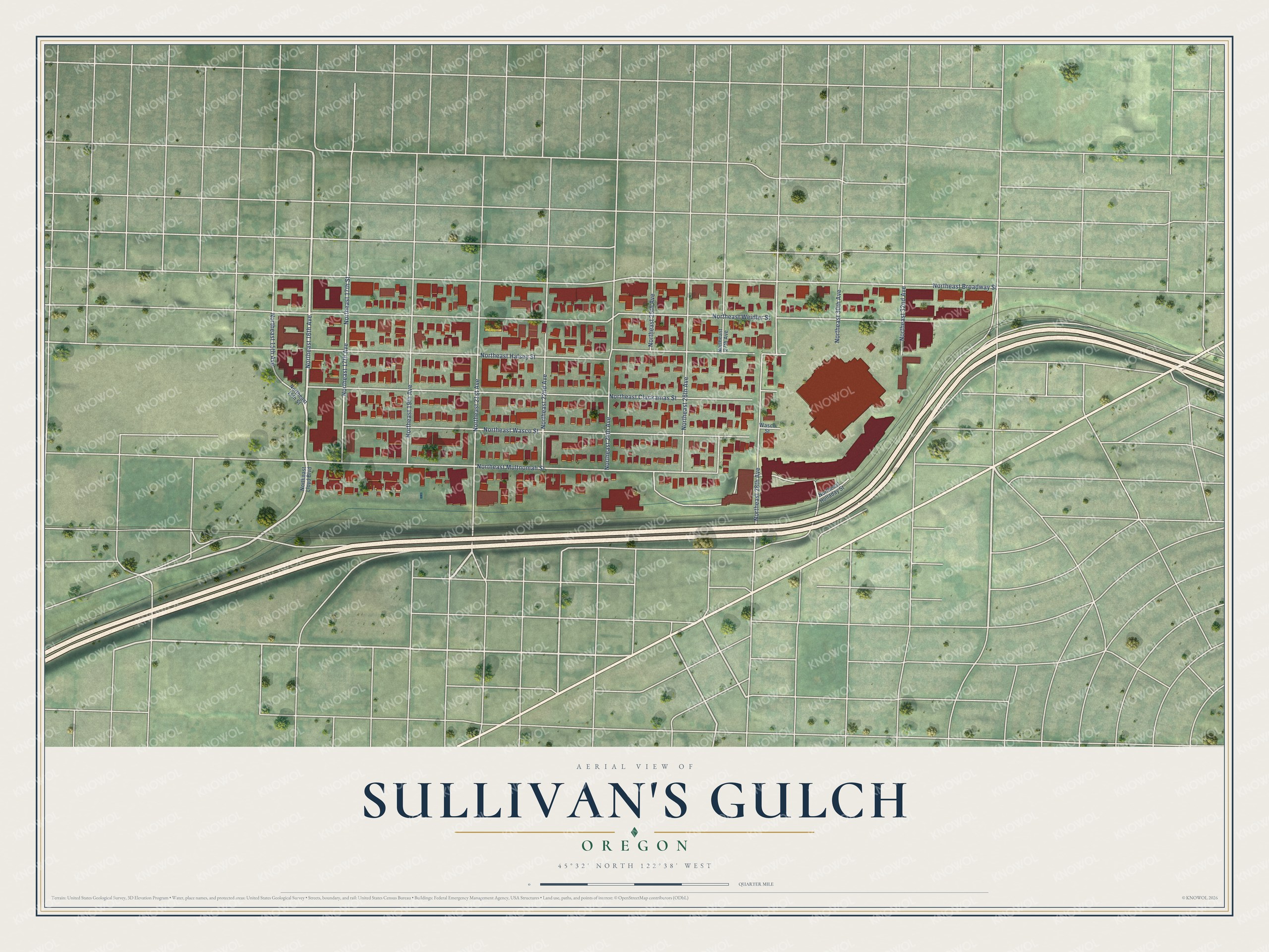Full map of Sullivan's Gulch, Oregon, with red buildings, printed street names and the land around them