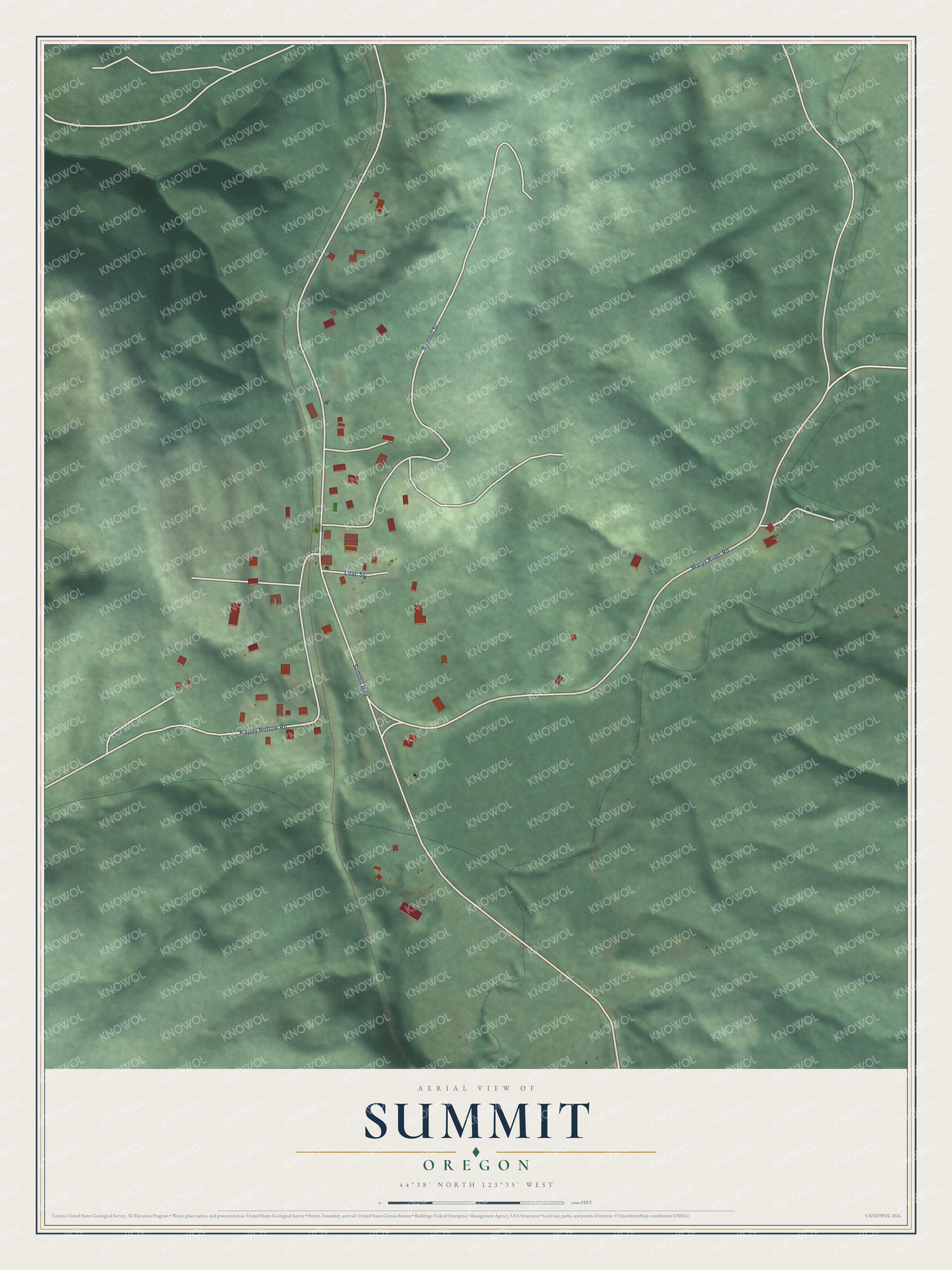 Full map of Summit, Oregon, with red buildings, printed street names and the land around them