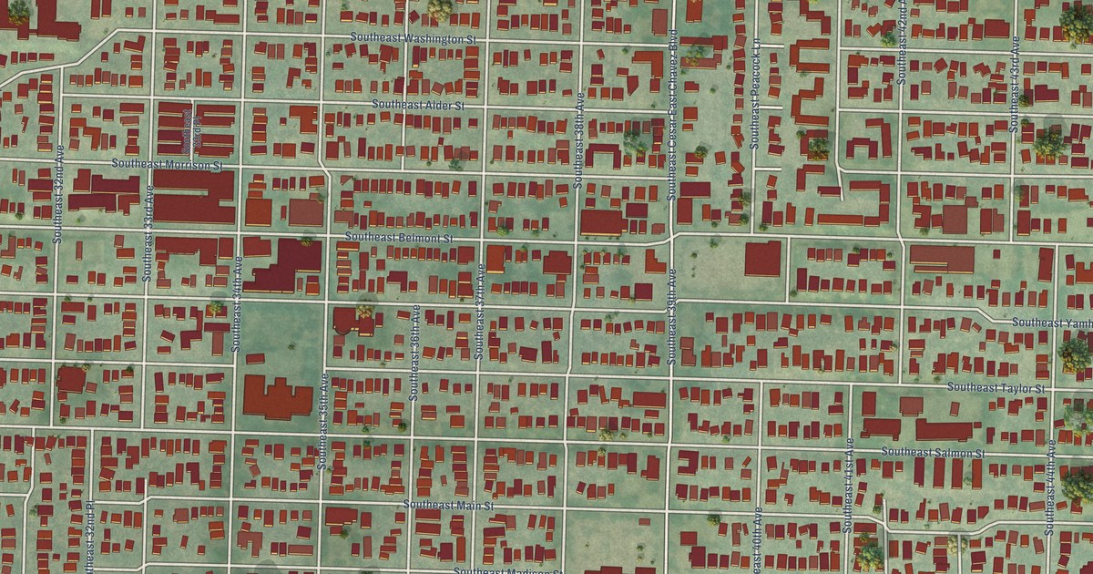 Close-up of streets and buildings in Sunnyside, Oregon