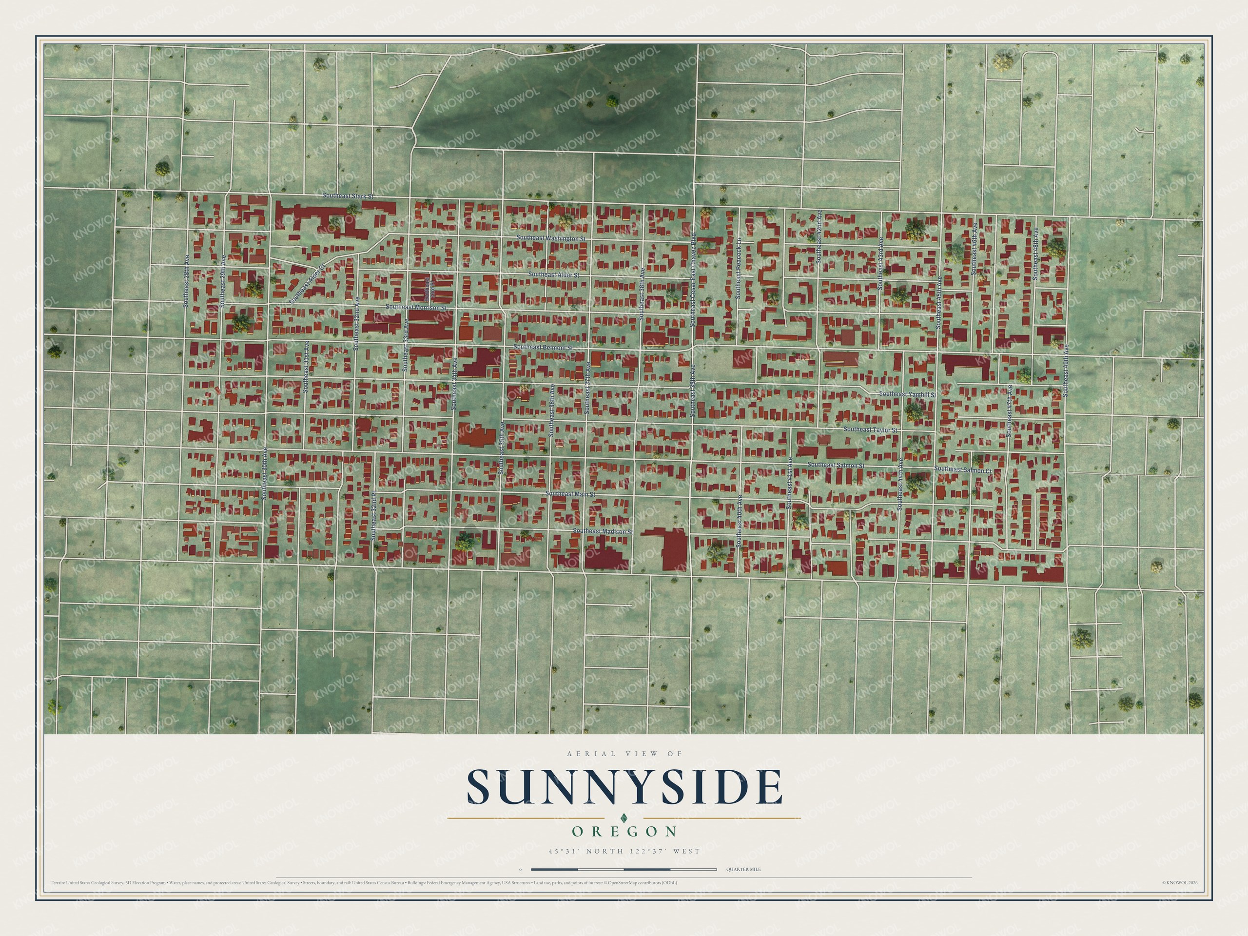 Full map of Sunnyside, Oregon, with red buildings, printed street names and the land around them