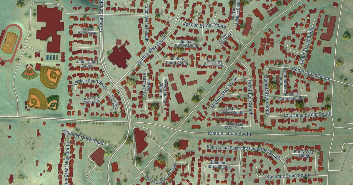 Close-up of streets and buildings in Sunnyslope, Oregon