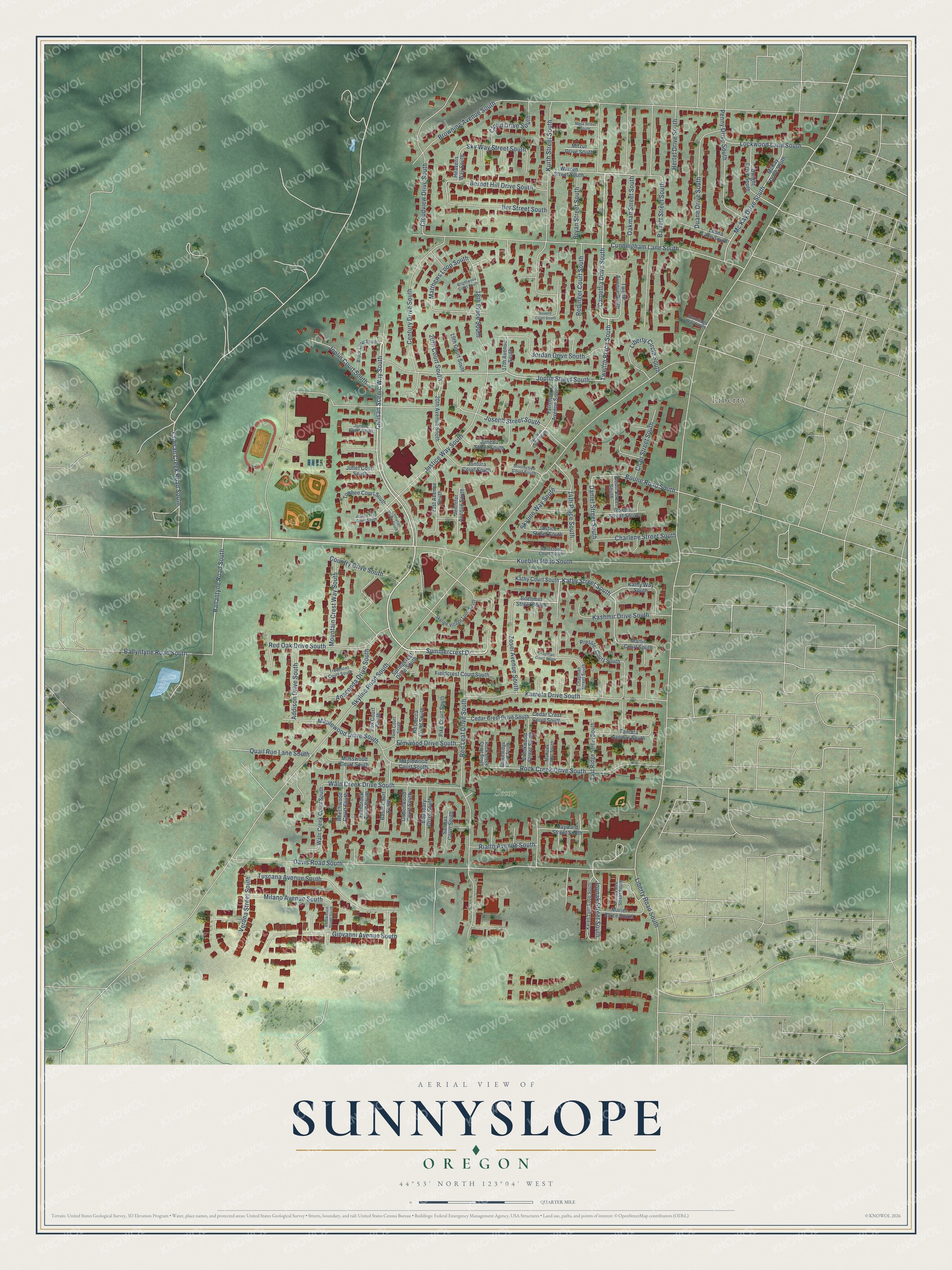 Full map of Sunnyslope, Oregon, with red buildings, printed street names and the land around them