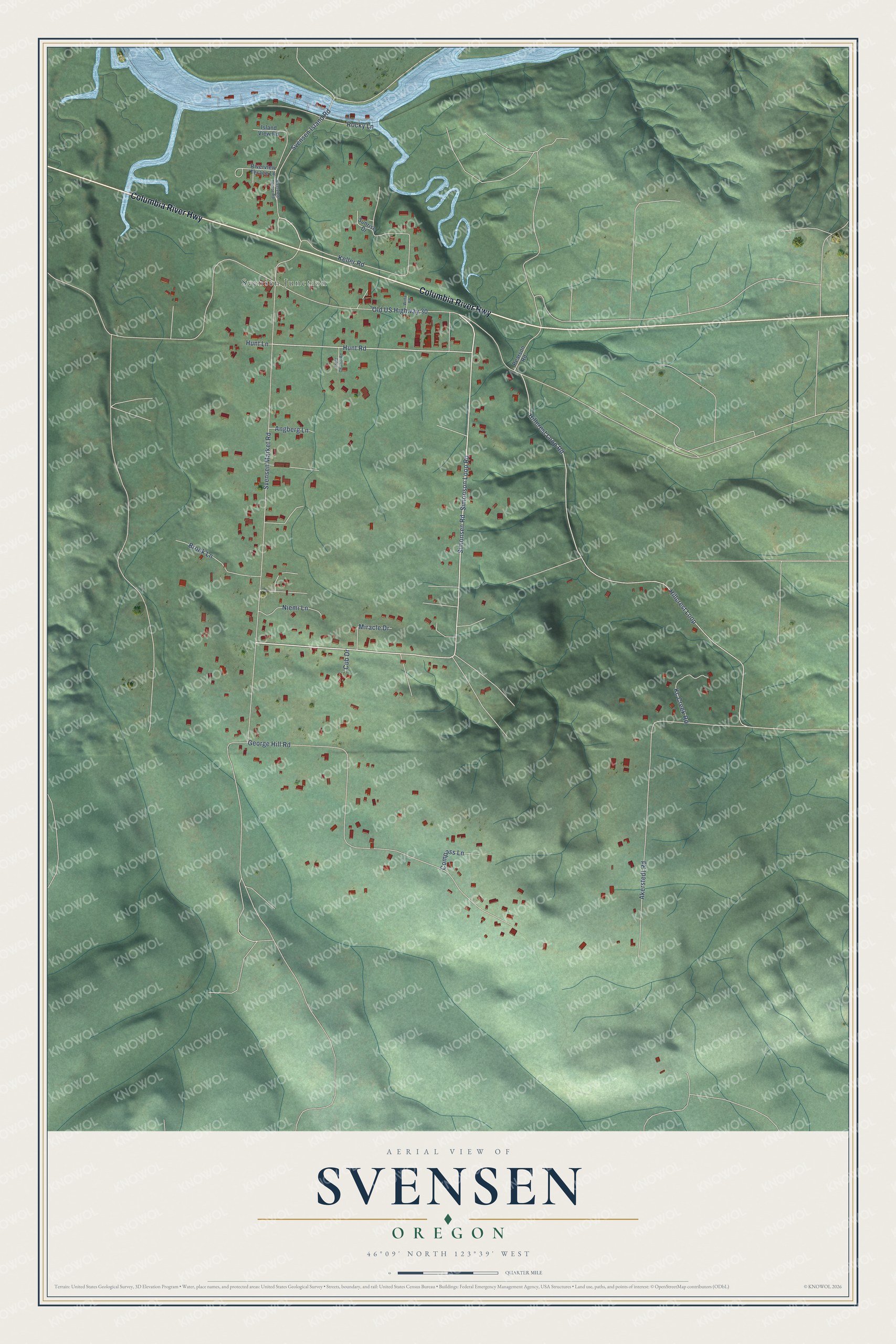 Full map of Svensen, Oregon, with red buildings, printed street names and the land around them