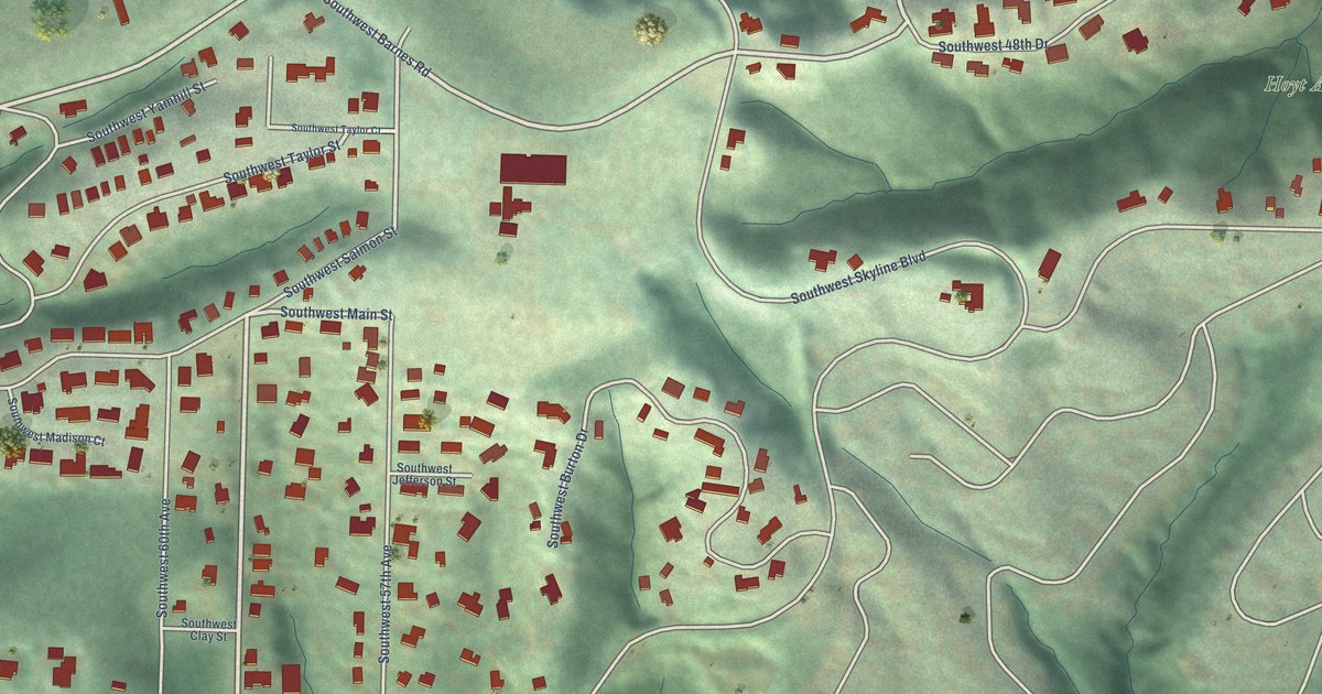 Close-up of streets and buildings in Sylvan-Highlands, Oregon
