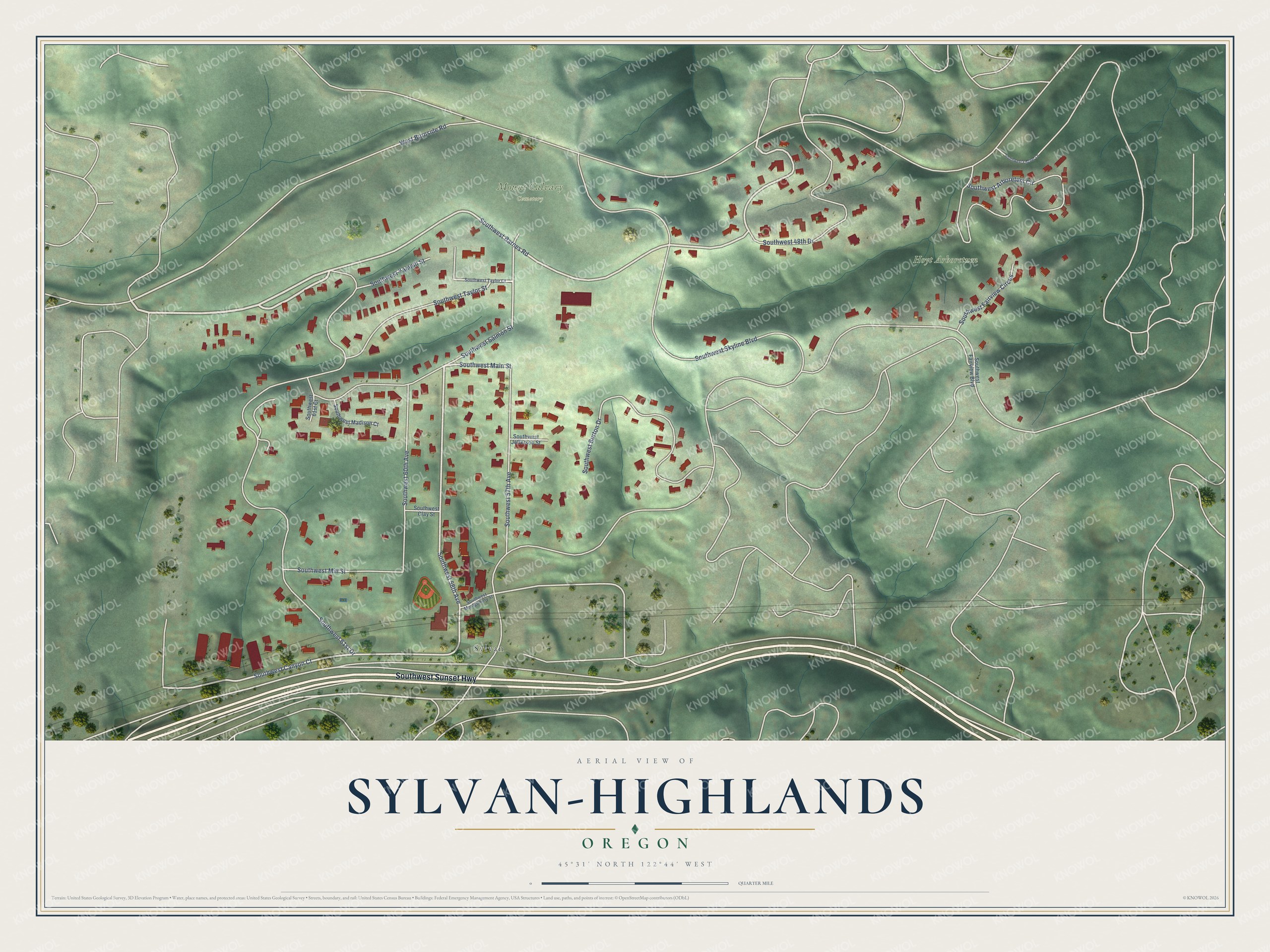 Full map of Sylvan-Highlands, Oregon, with red buildings, printed street names and the land around them