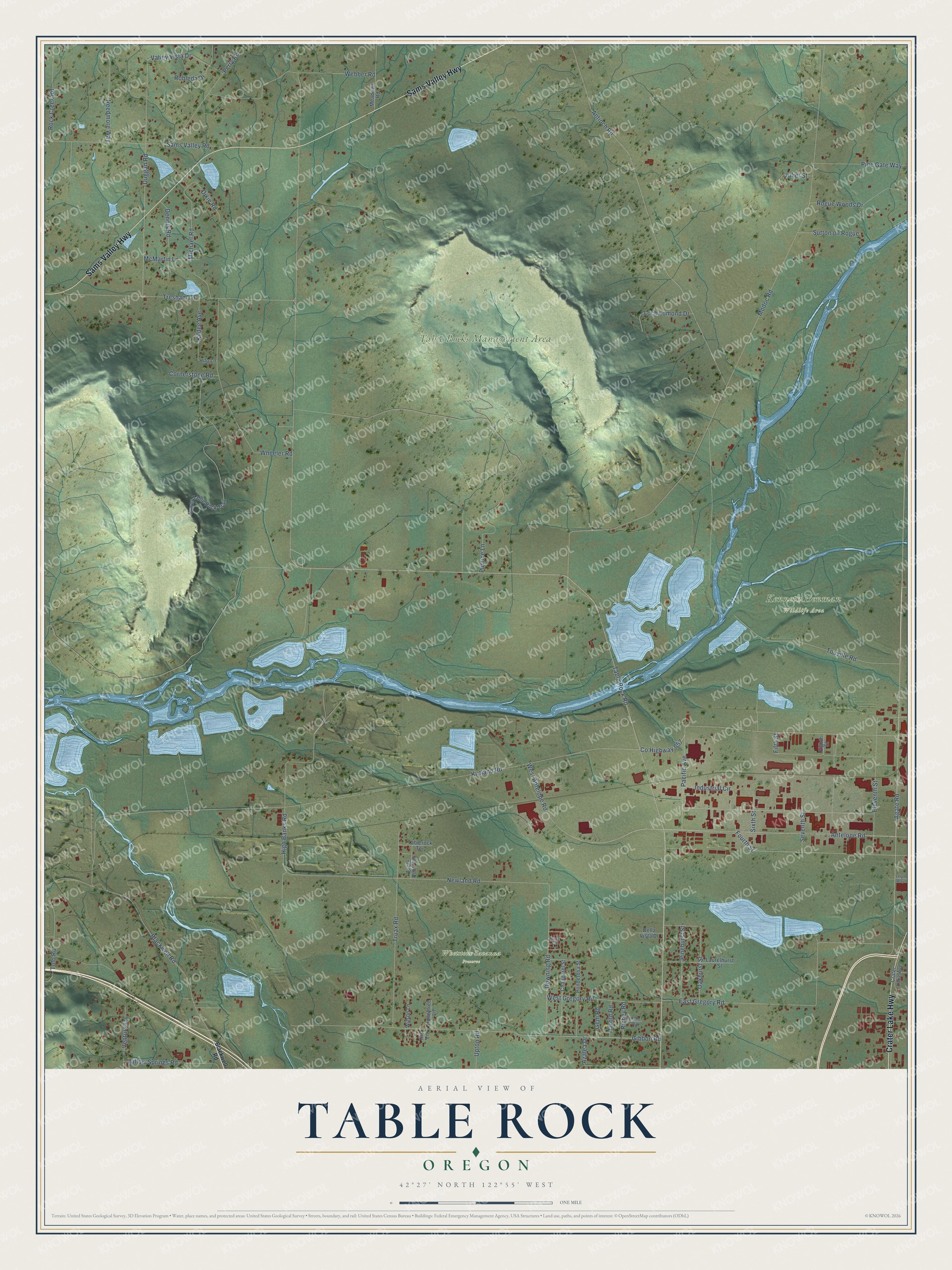 Full map of Table Rock, Oregon, with red buildings, printed street names and the land around them