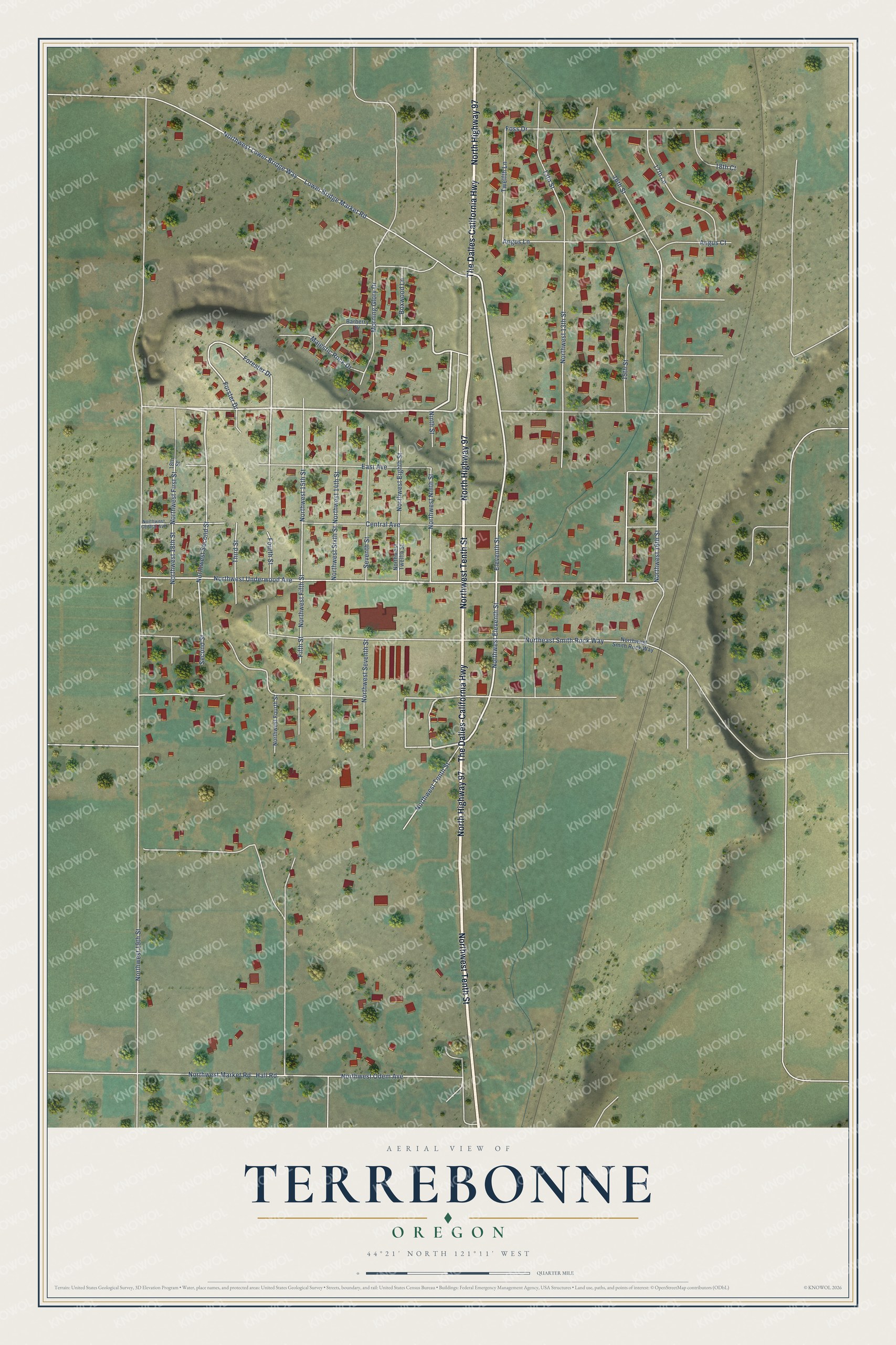 Full map of Terrebonne, Oregon, with red buildings, printed street names and the land around them