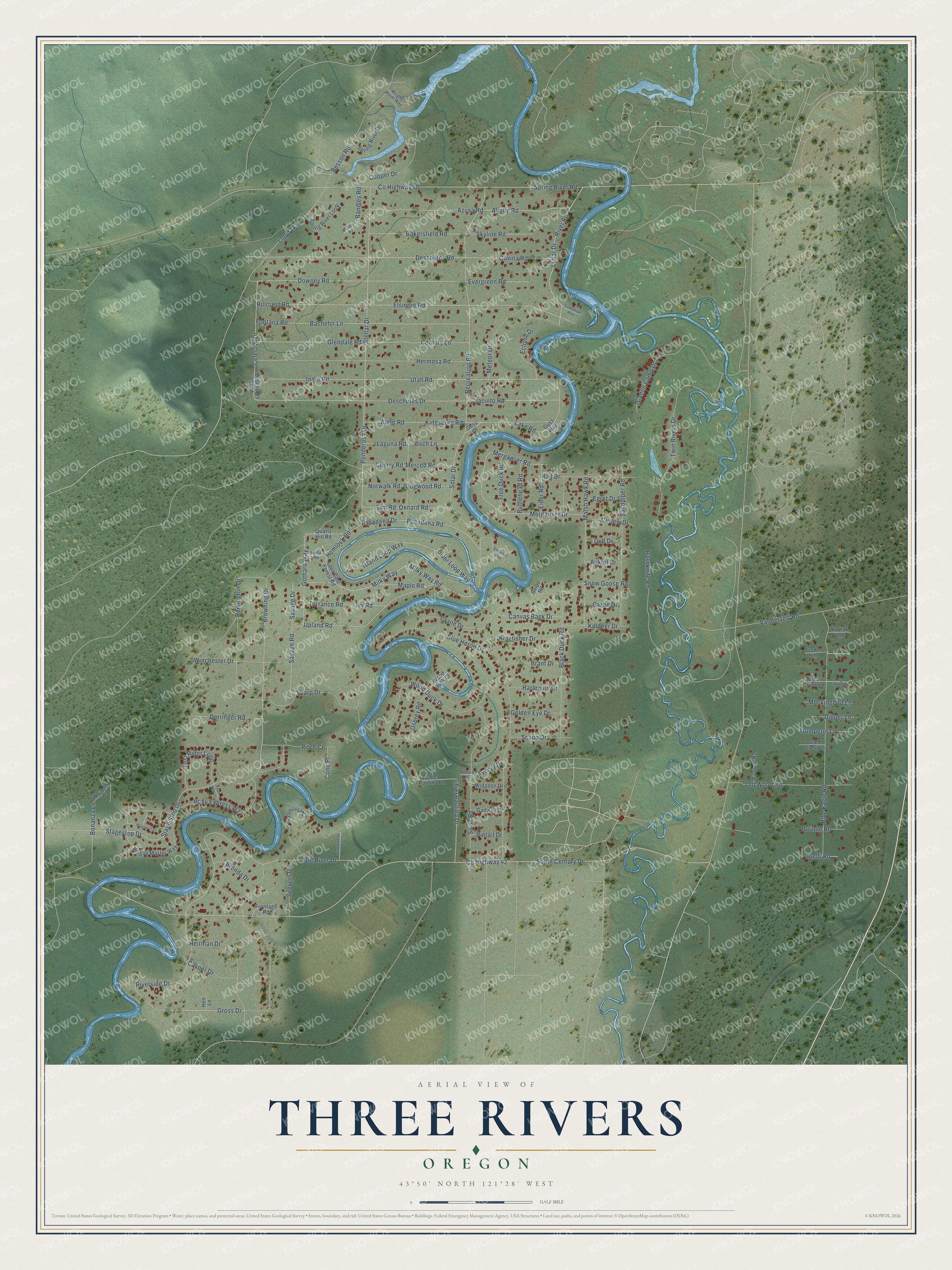 Full map of Three Rivers, Oregon, with red buildings, printed street names and the land around them