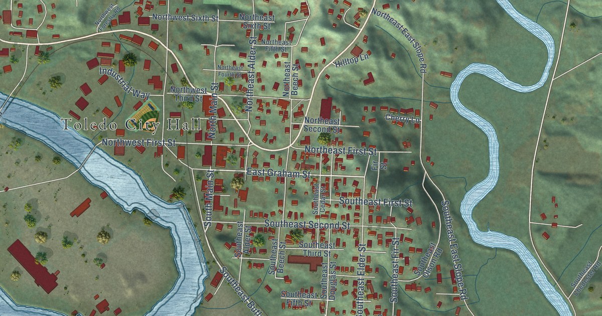 Map of Toledo, Oregon in 2026