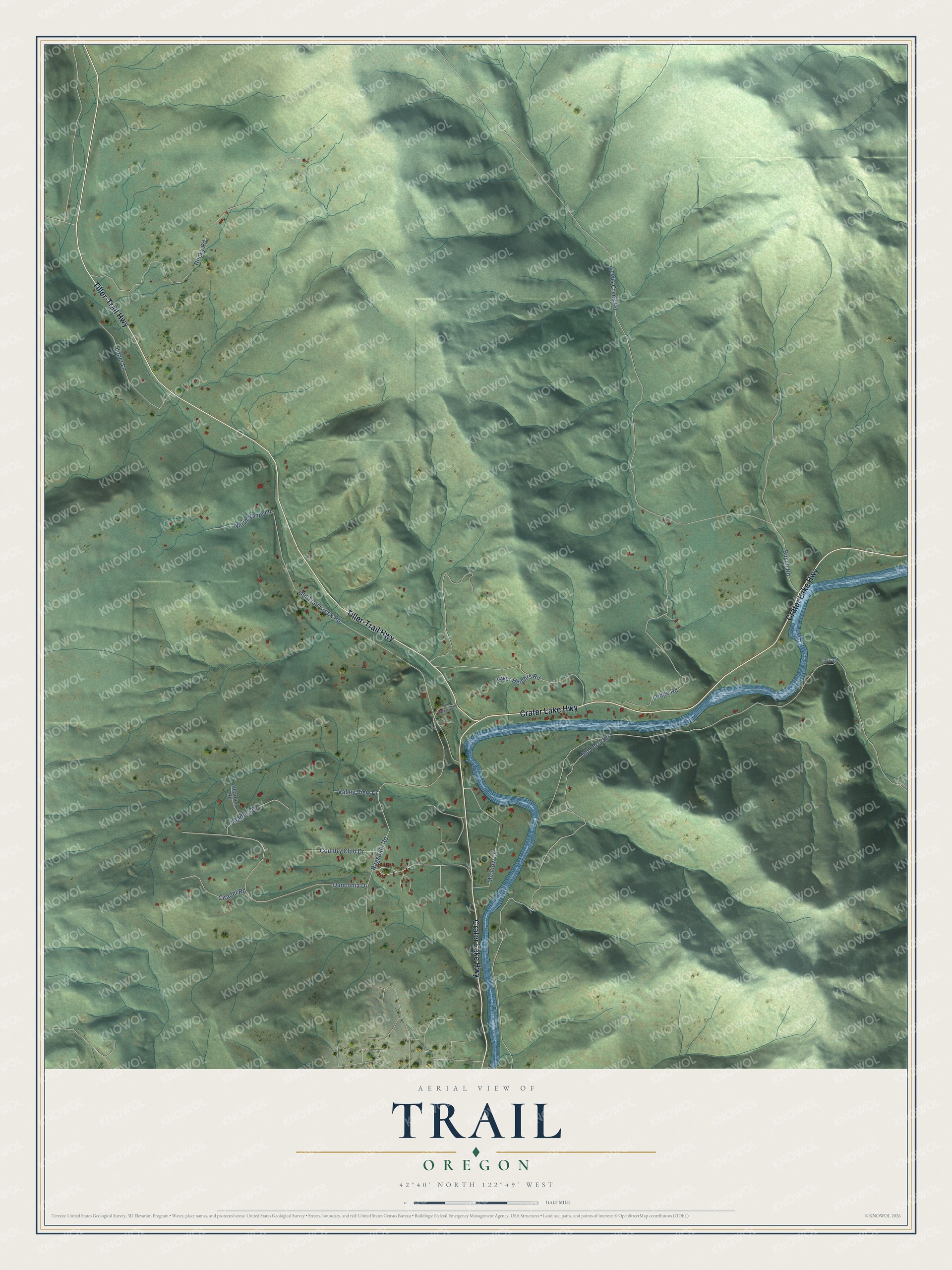 Full map of Trail, Oregon, with red buildings, printed street names and the land around them