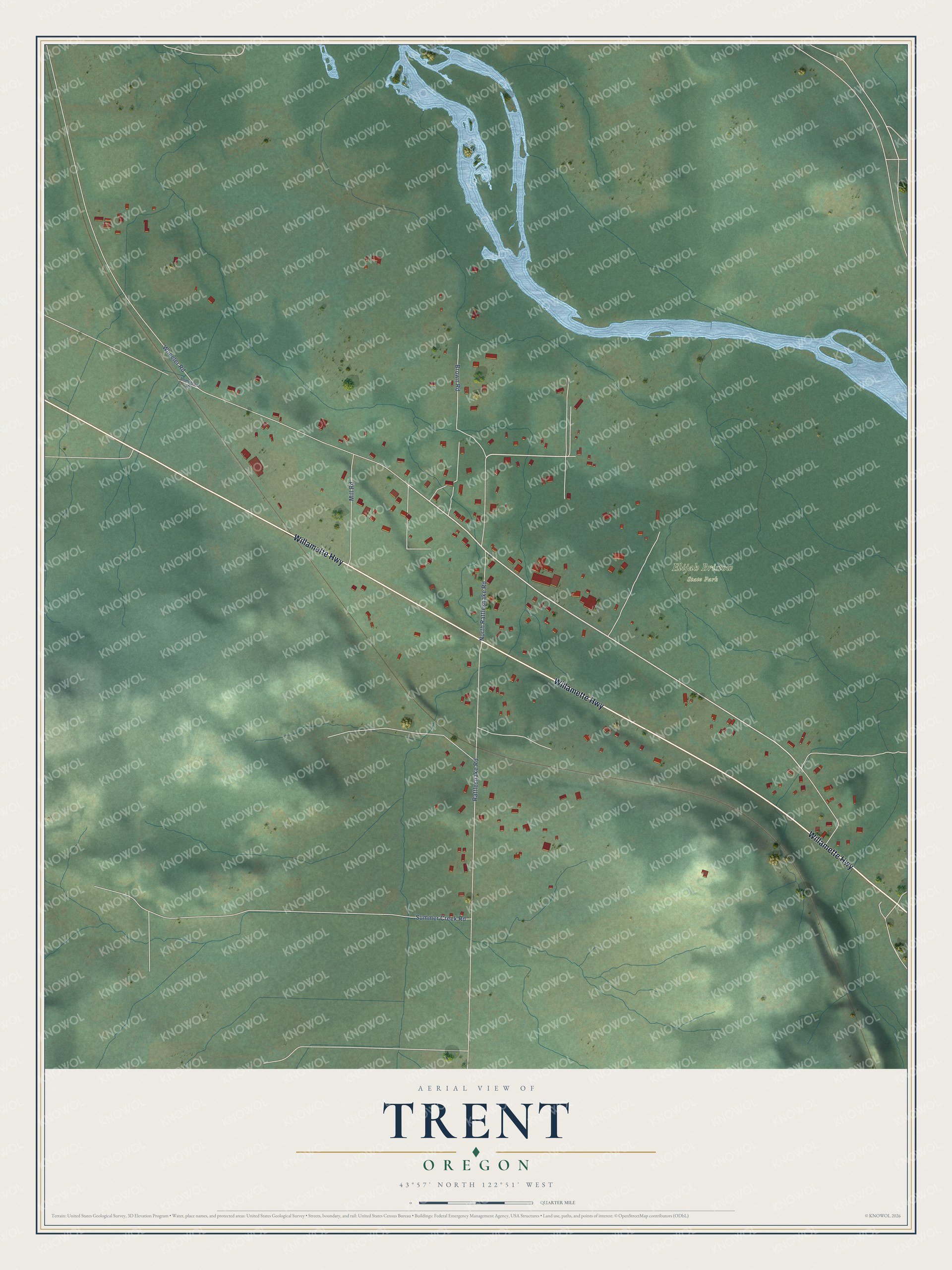 Full map of Trent, Oregon, with red buildings, printed street names and the land around them