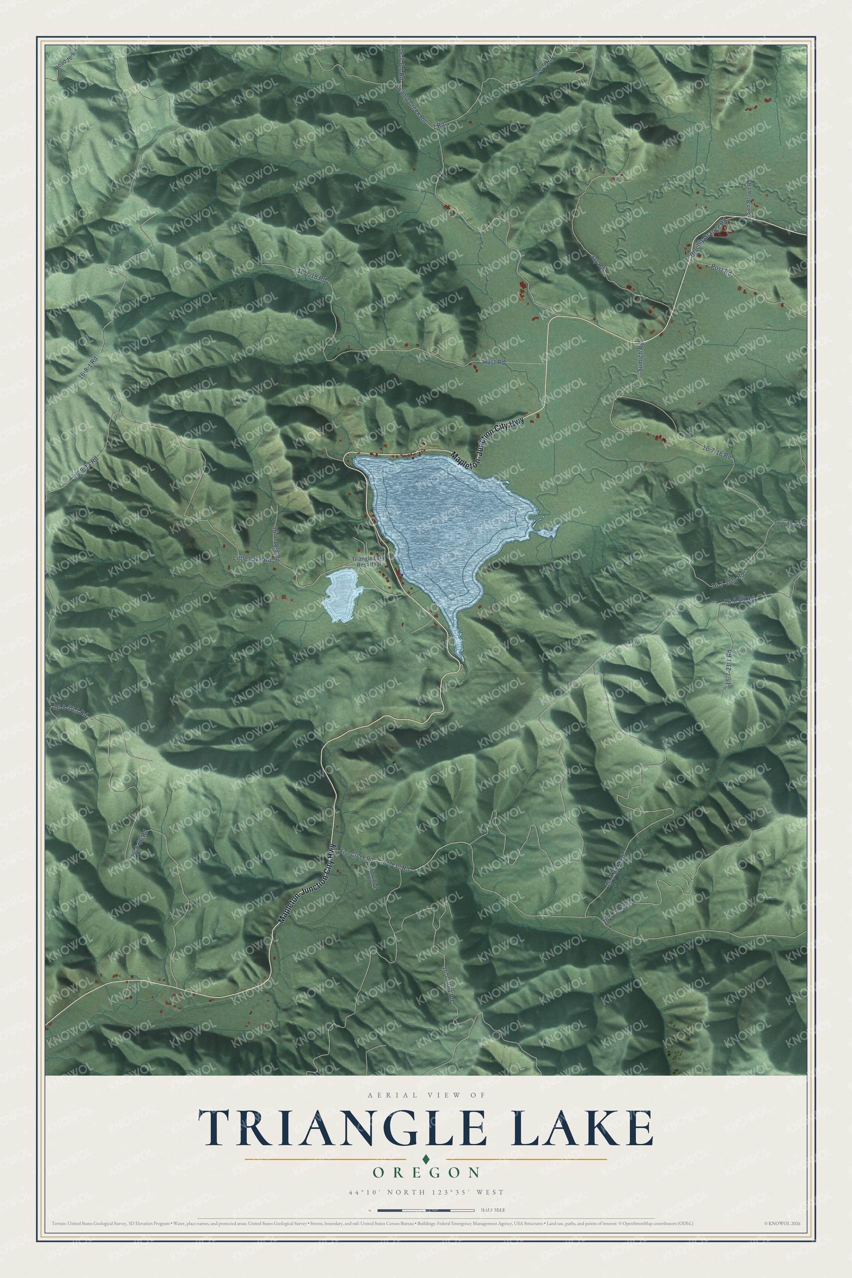 Full map of Triangle Lake, Oregon, with red buildings, printed street names and the land around them
