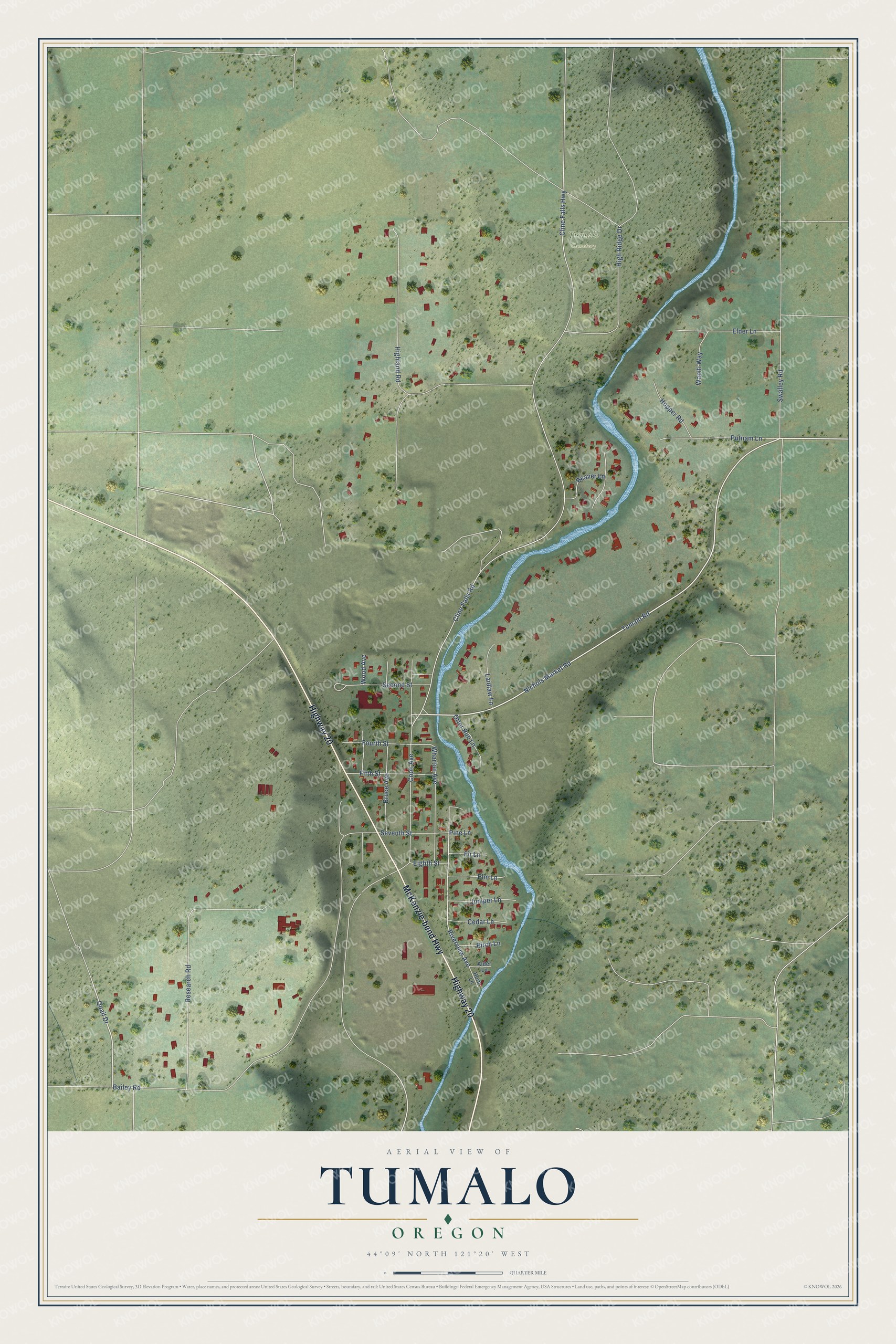Full map of Tumalo, Oregon, with red buildings, printed street names and the land around them