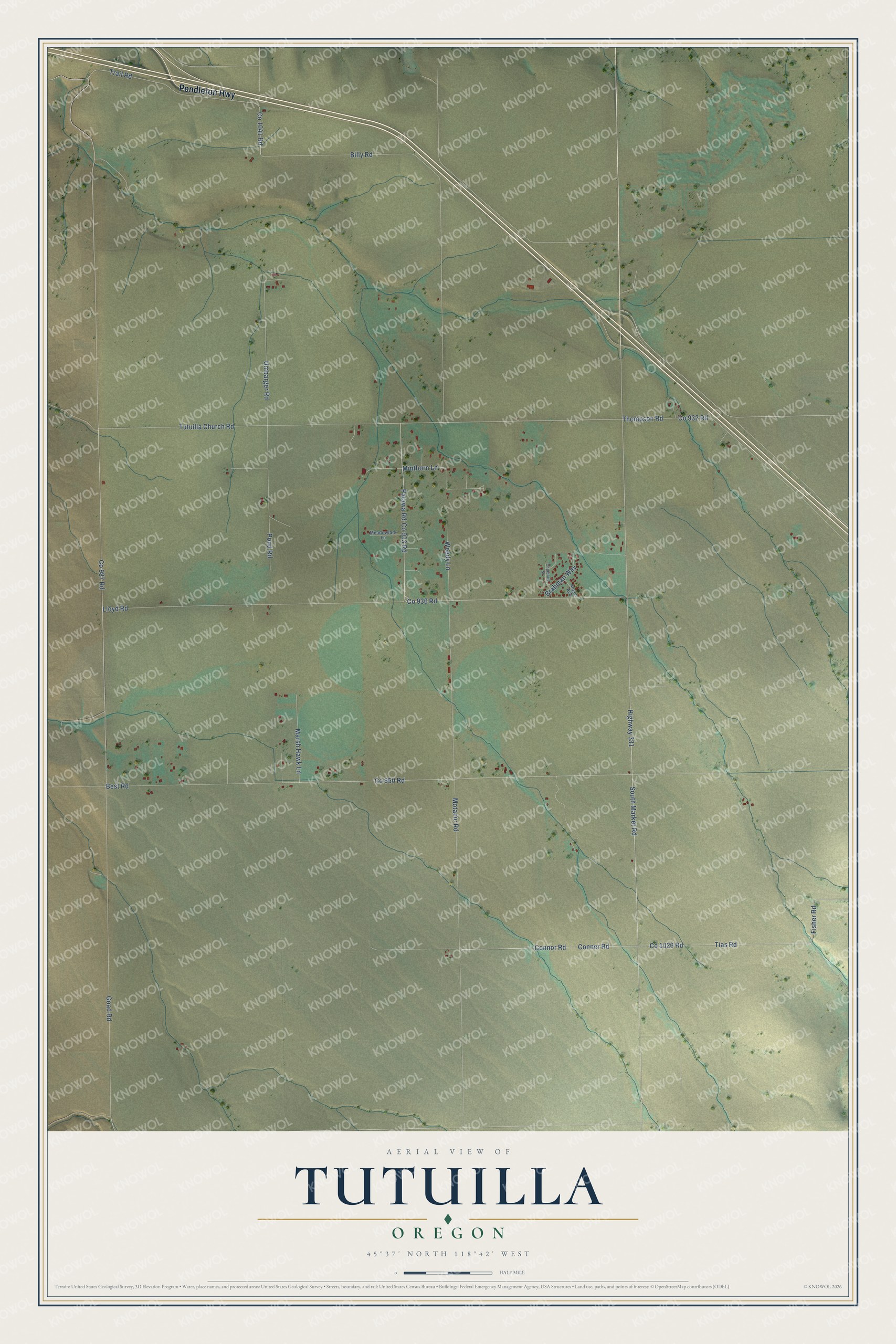 Full map of Tutuilla, Oregon, with red buildings, printed street names and the land around them