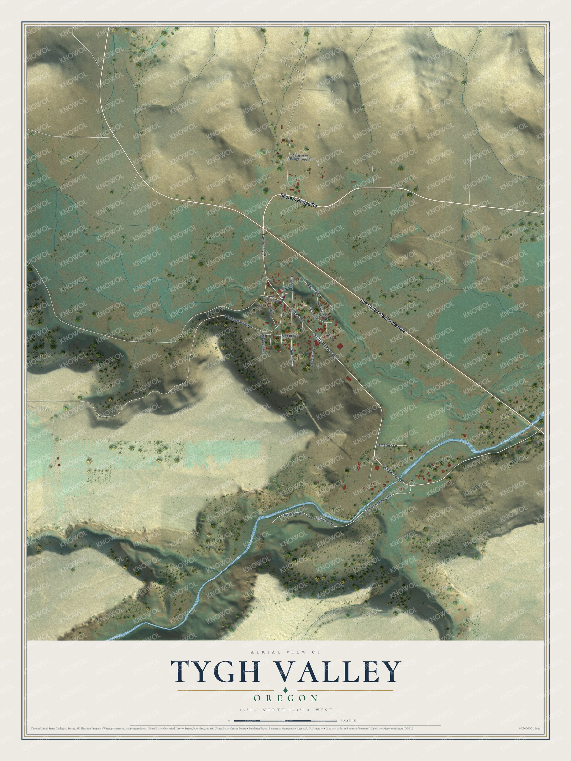 Full map of Tygh Valley, Oregon, with red buildings, printed street names and the land around them