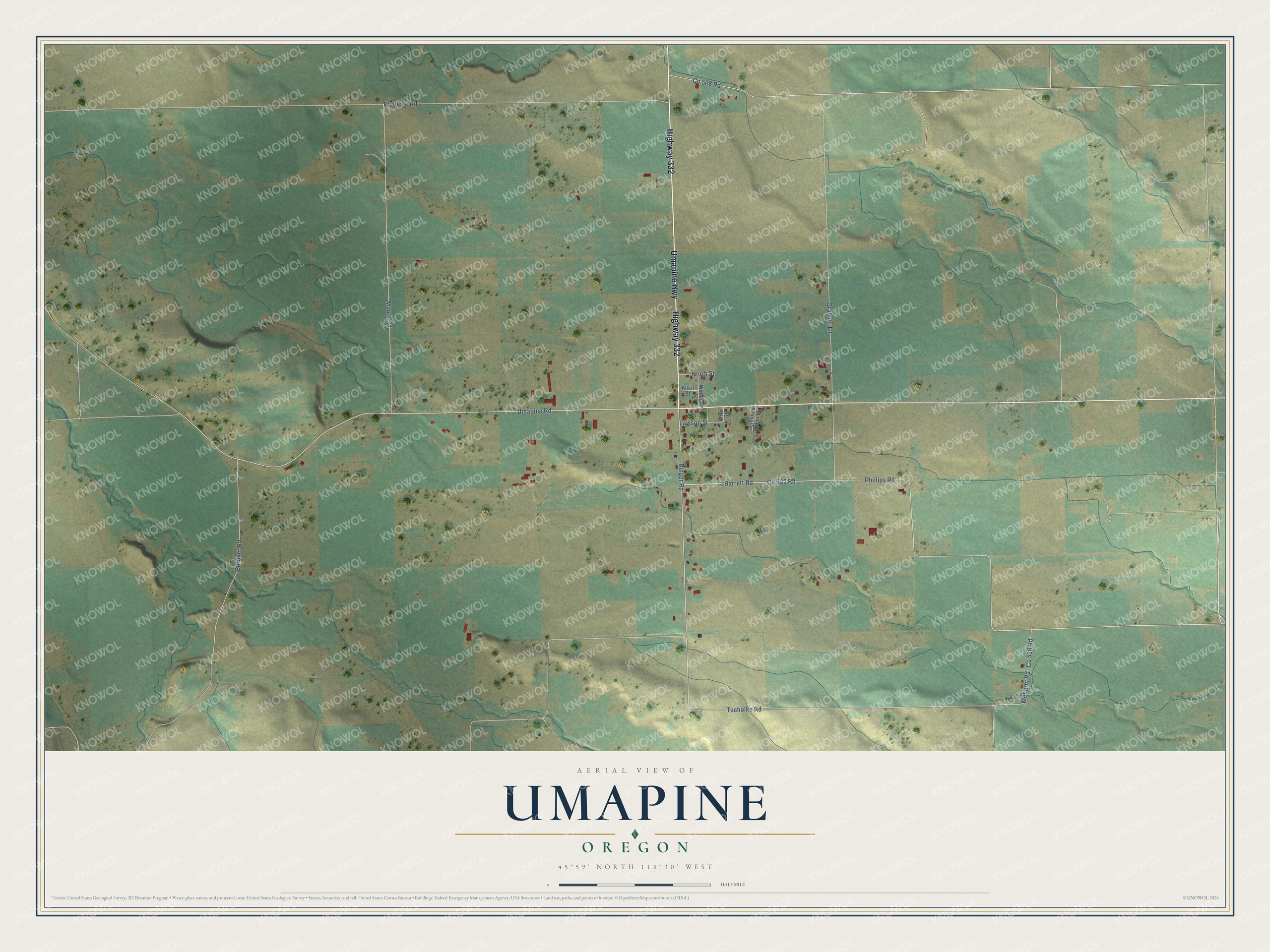 Full map of Umapine, Oregon, with red buildings, printed street names and the land around them