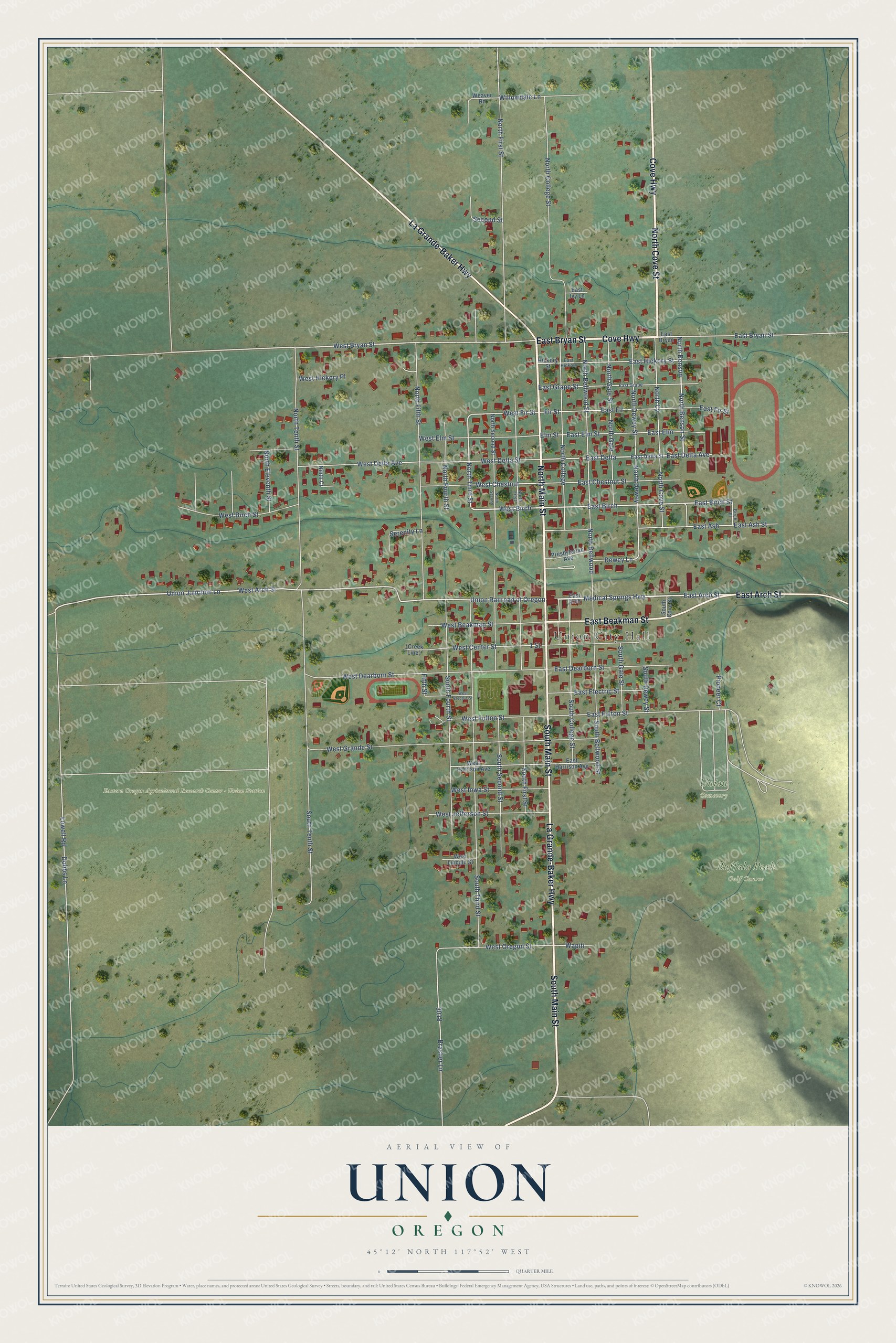 Full map of Union, Oregon, with red buildings, printed street names and the land around them