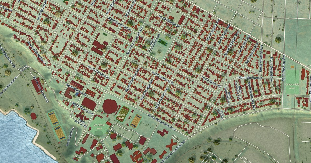 Close-up of streets and buildings in University Park, Oregon