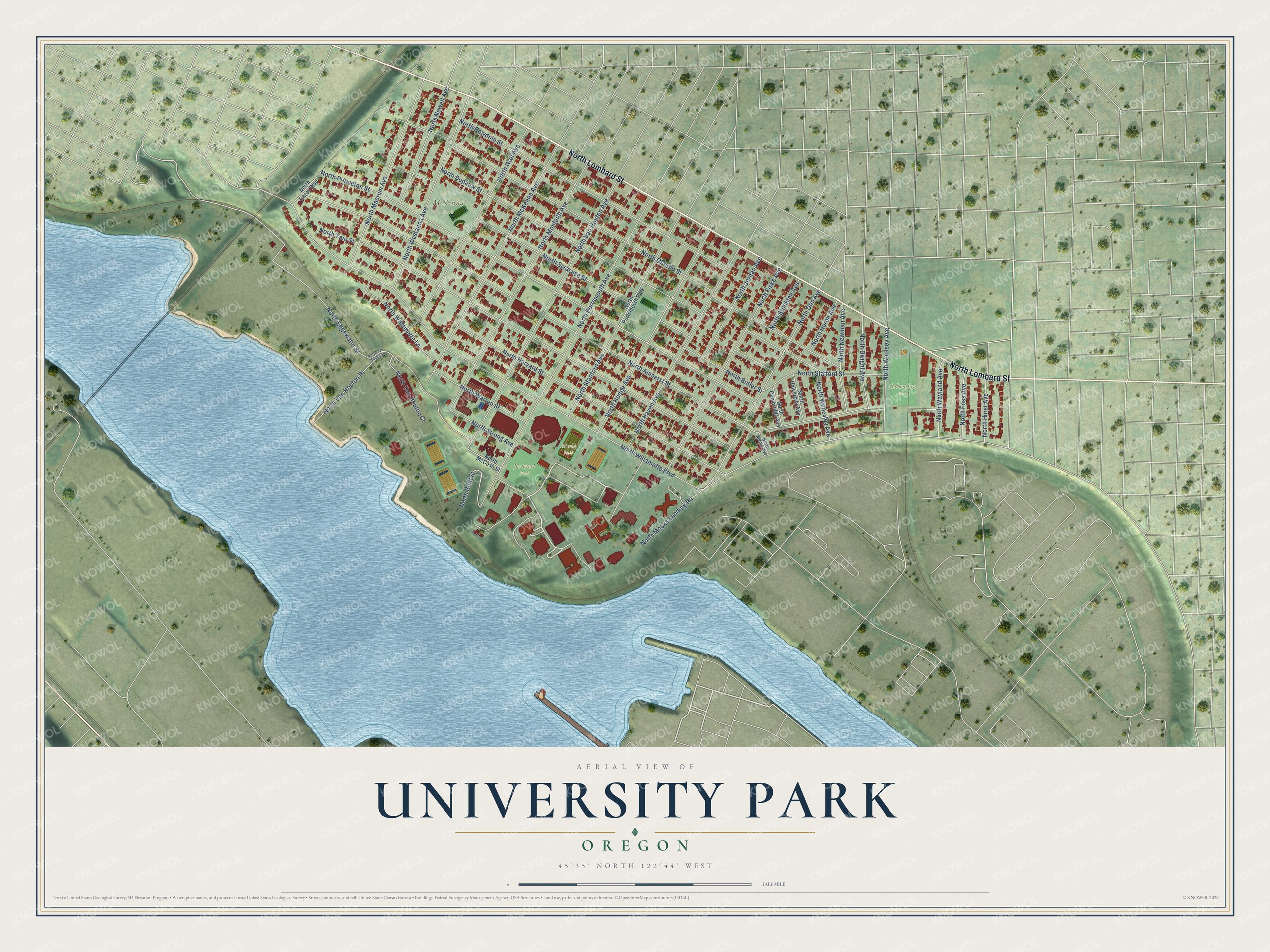 Full map of University Park, Oregon, with red buildings, printed street names and the land around them