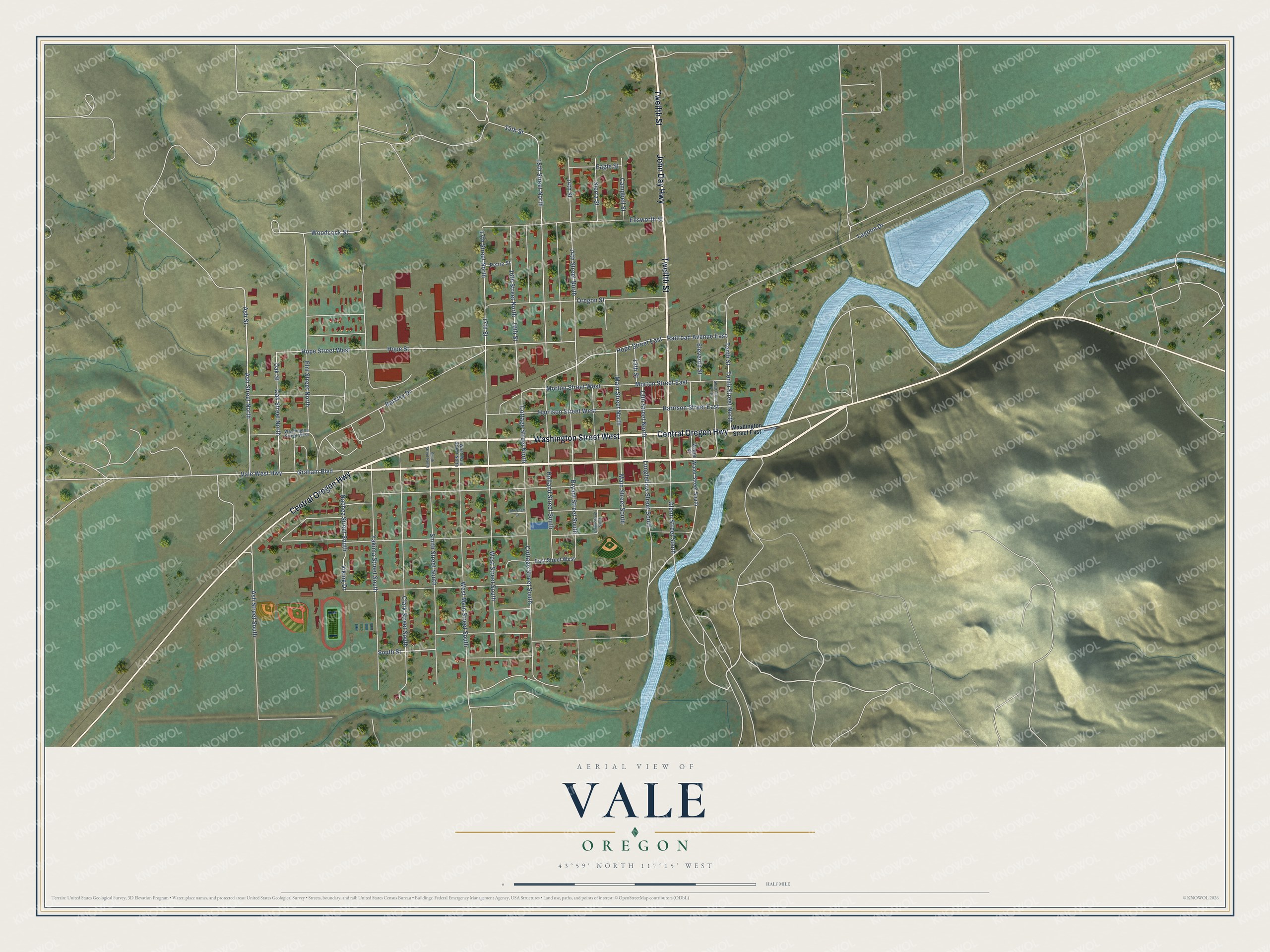 Full map of Vale, Oregon, with red buildings, printed street names and the land around them