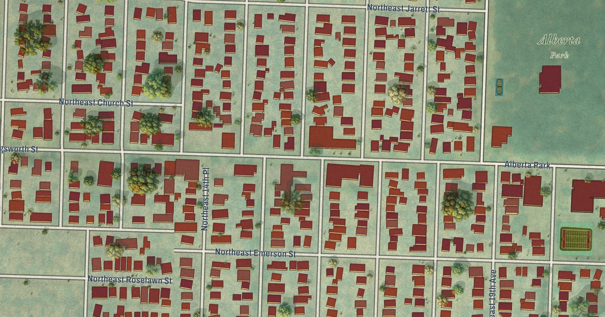 Close-up of streets and buildings in Vernon, Oregon