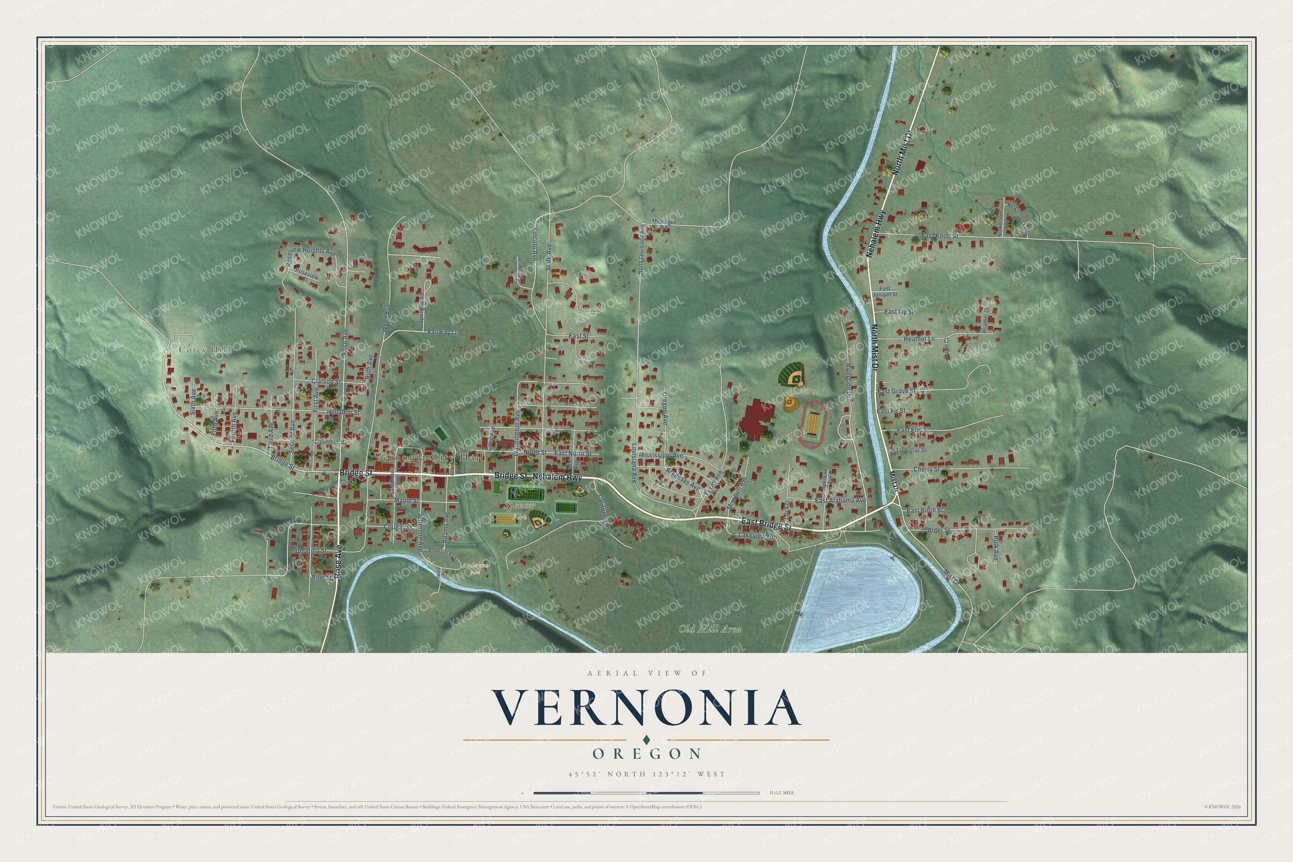 Watermarked full-map preview of Vernonia, Oregon