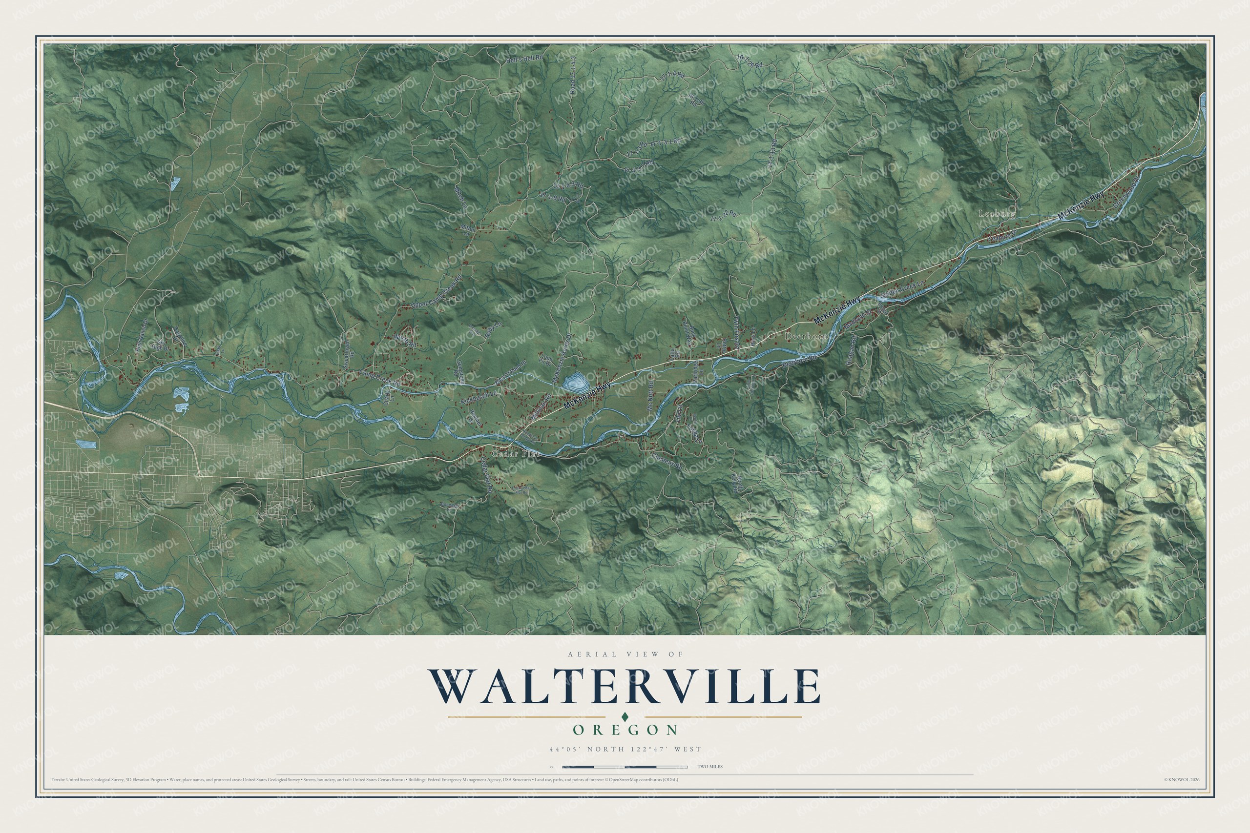 Full map of Walterville, Oregon, with red buildings, printed street names and the land around them