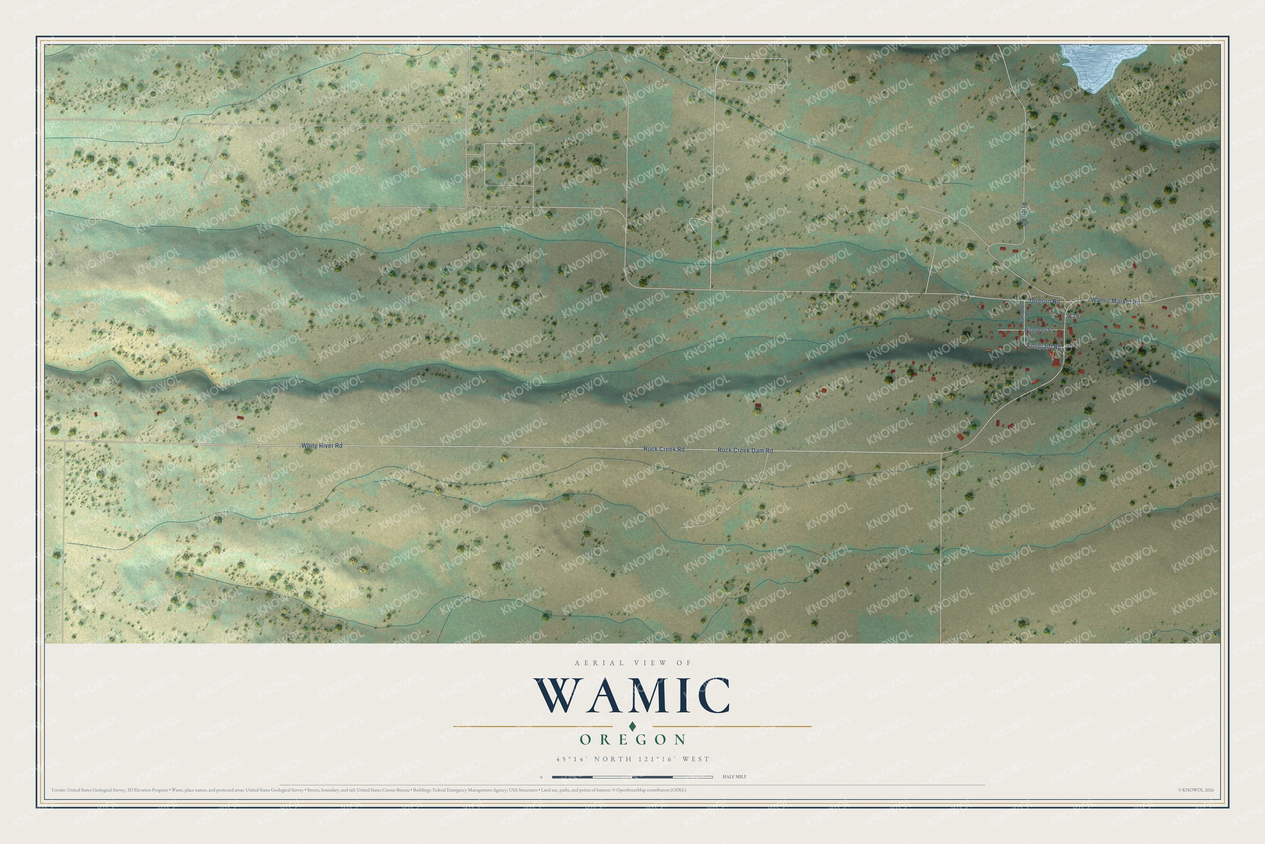 Full map of Wamic, Oregon, with red buildings, printed street names and the land around them