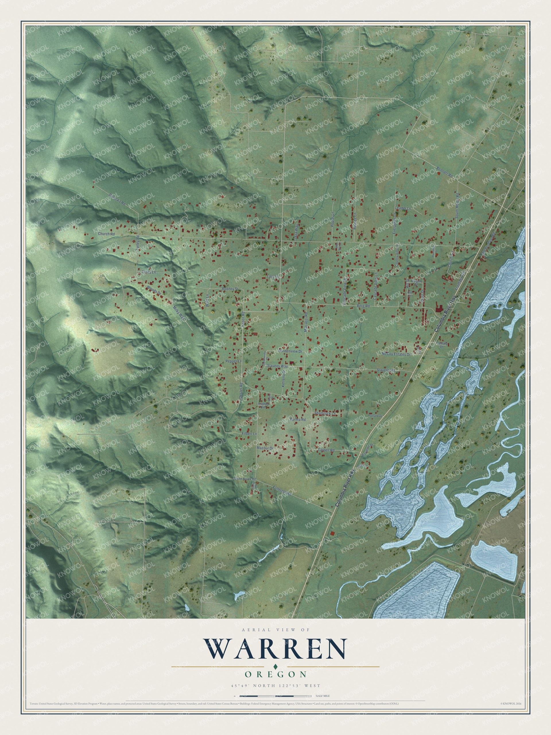 Watermarked full-map preview of Warren, Oregon