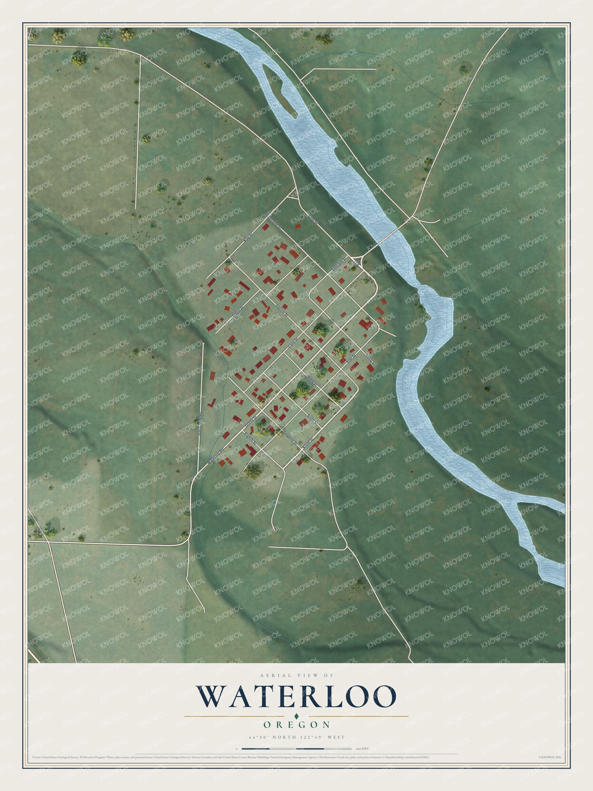 Full map of Waterloo, Oregon, with red buildings, printed street names and the land around them