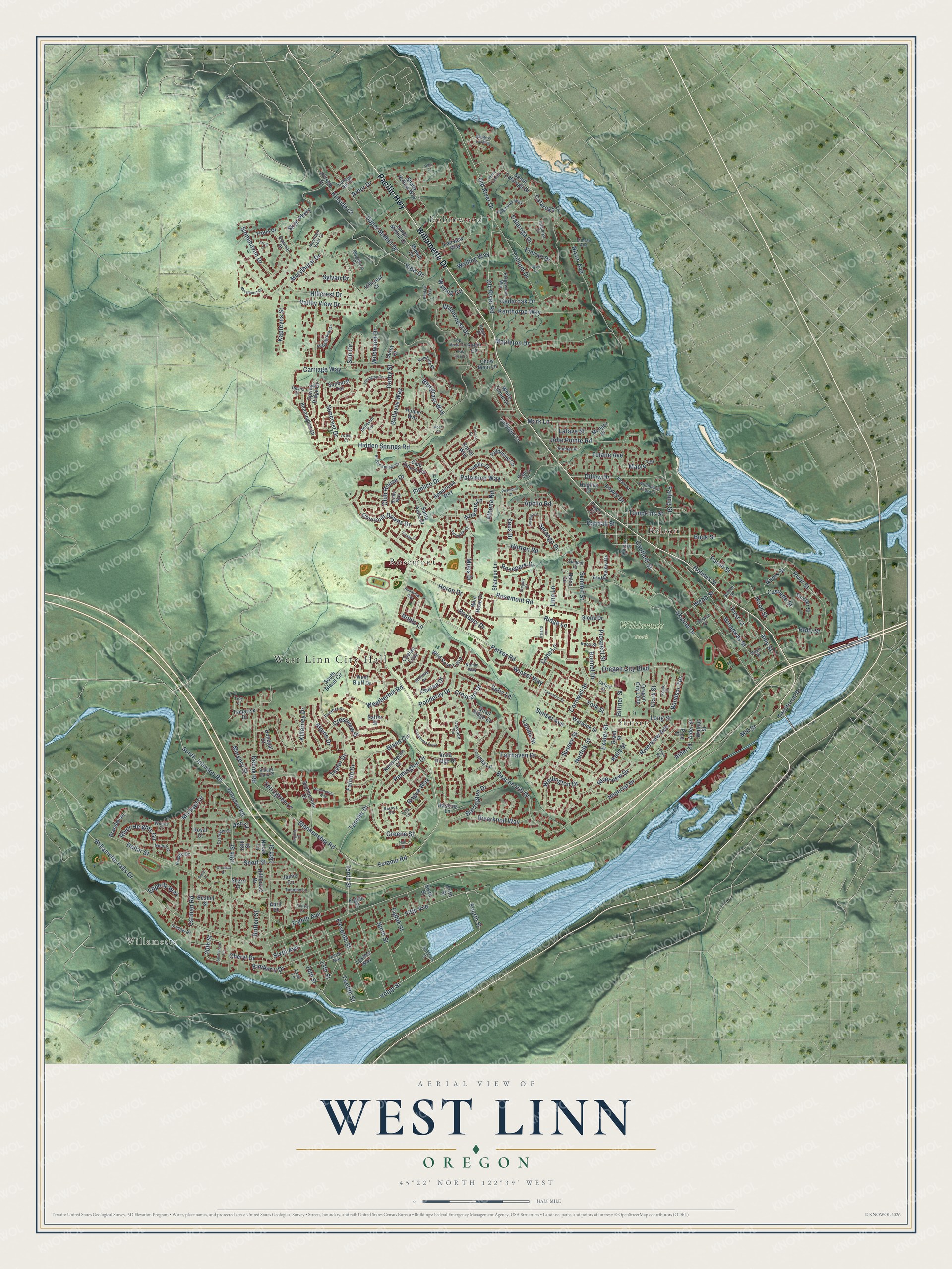 Full map of West Linn, Oregon, with red buildings, printed street names and the land around them