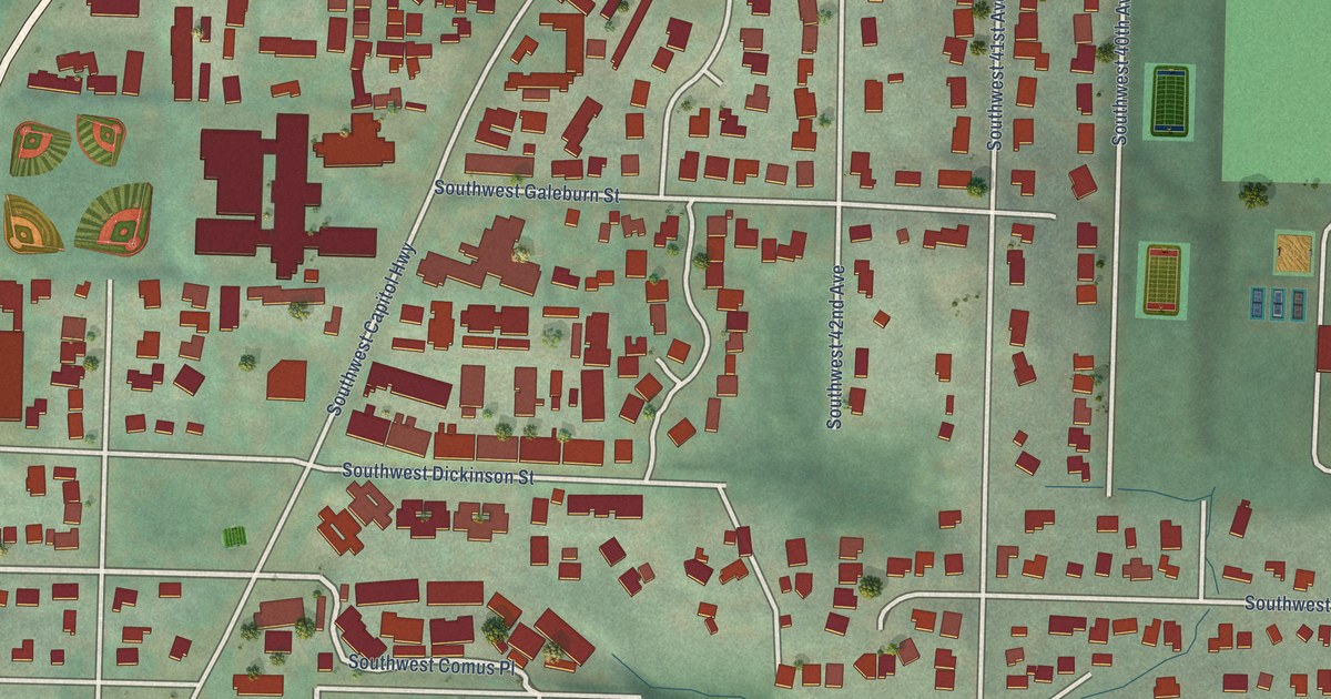 Close-up of streets and buildings in West Portland Park, Oregon