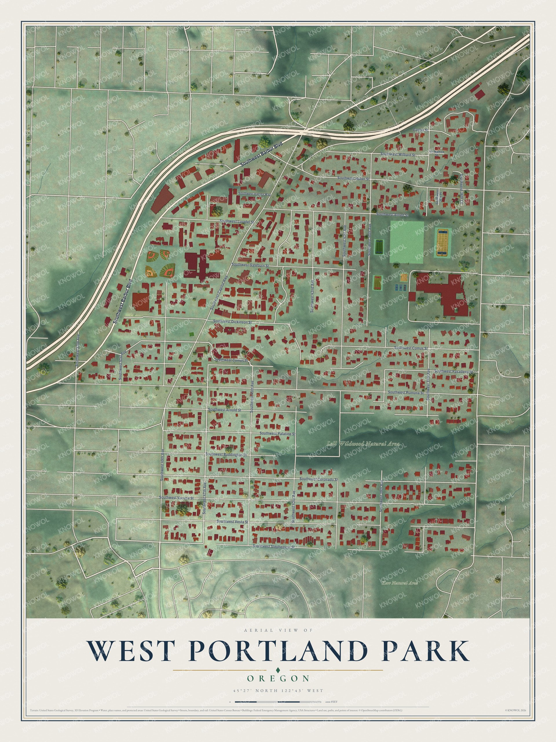 Full map of West Portland Park, Oregon, with red buildings, printed street names and the land around them