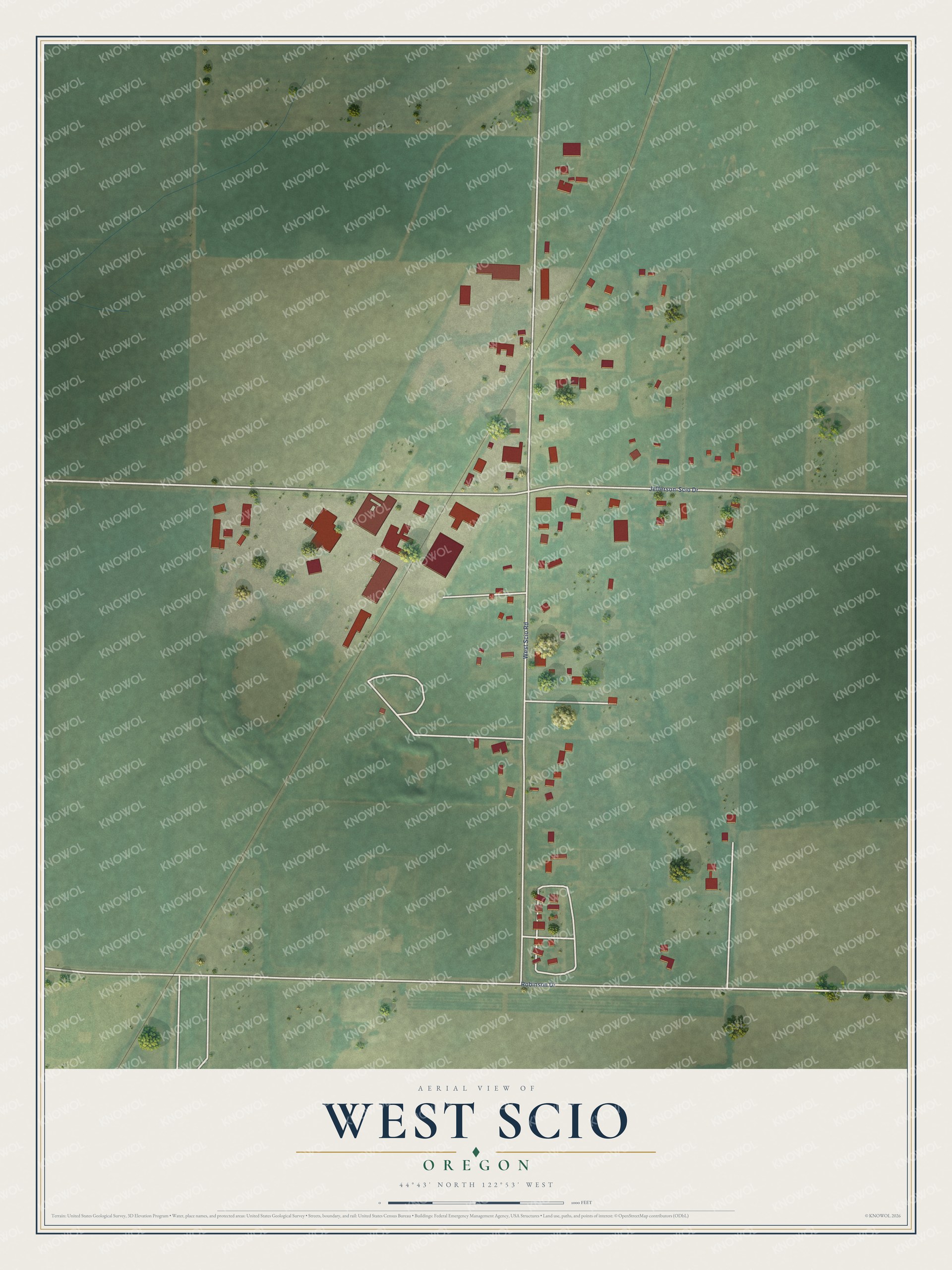Full map of West Scio, Oregon, with red buildings, printed street names and the land around them