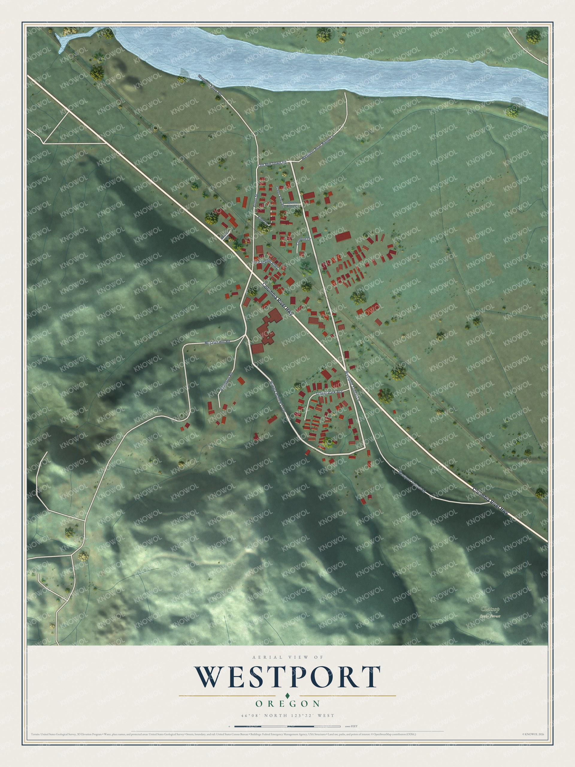Full map of Westport, Oregon, with red buildings, printed street names and the land around them