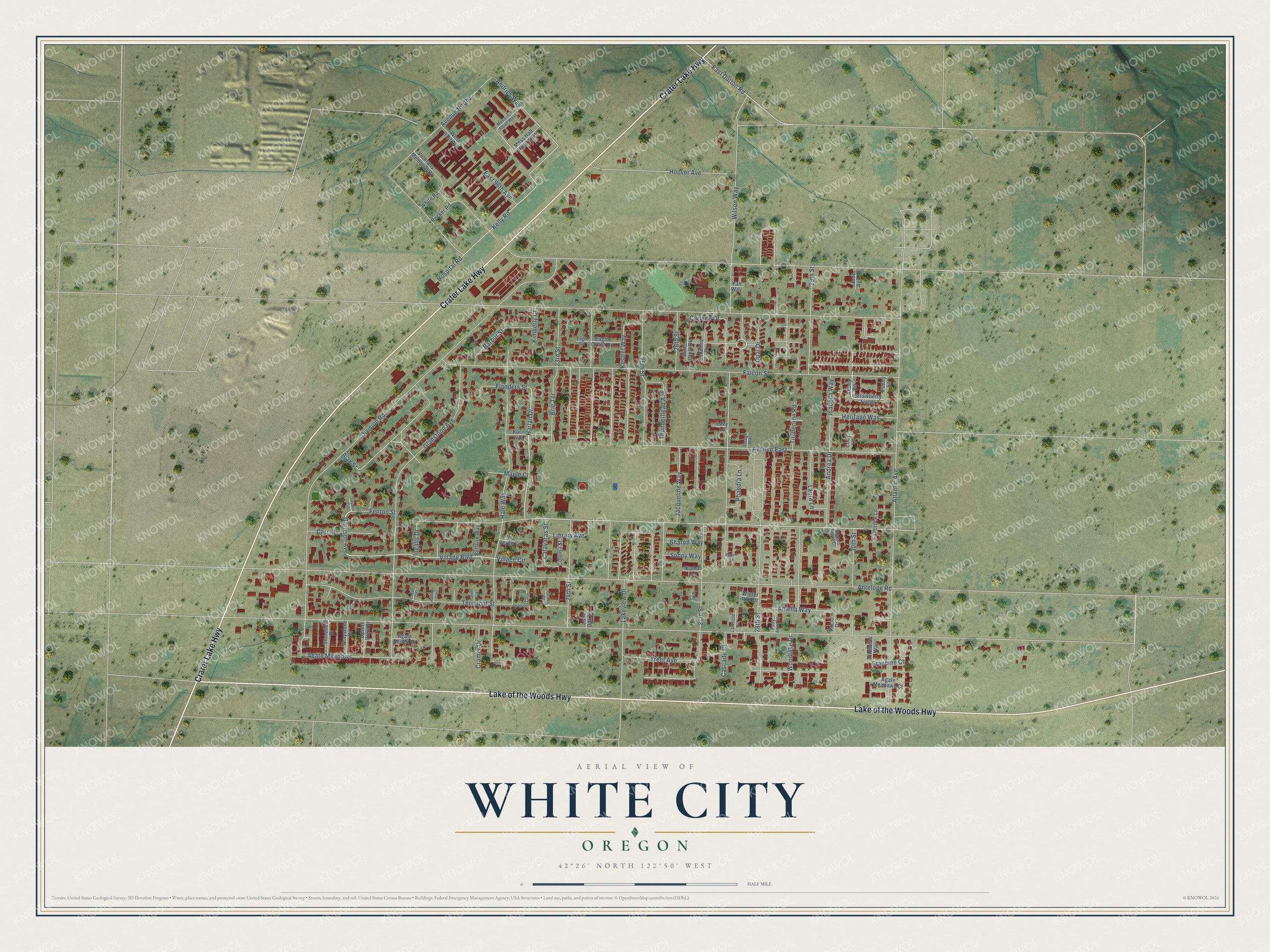 Full map of White City, Oregon, with red buildings, printed street names and the land around them