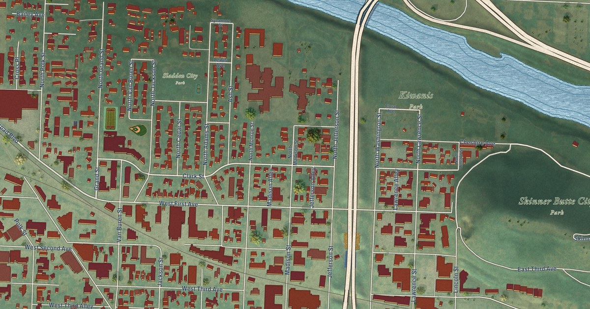 Close-up of streets and buildings in Whiteaker, Oregon