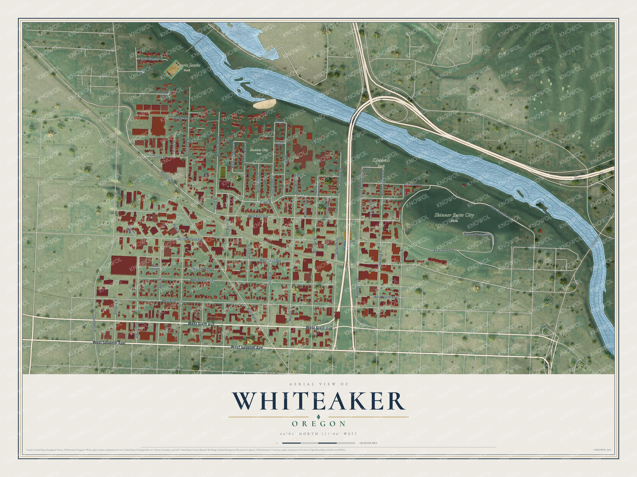 Full map of Whiteaker, Oregon, with red buildings, printed street names and the land around them